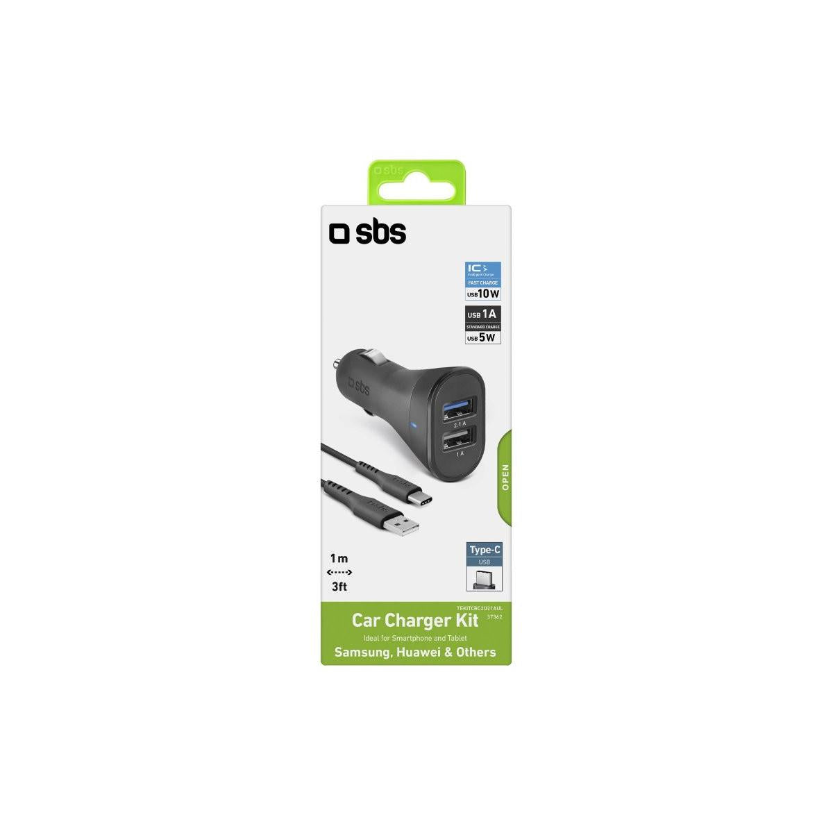 SBS Kit caricatore auto 10 Watt Ricarica rapida con due porte USB e cavo USB e USB C incluso