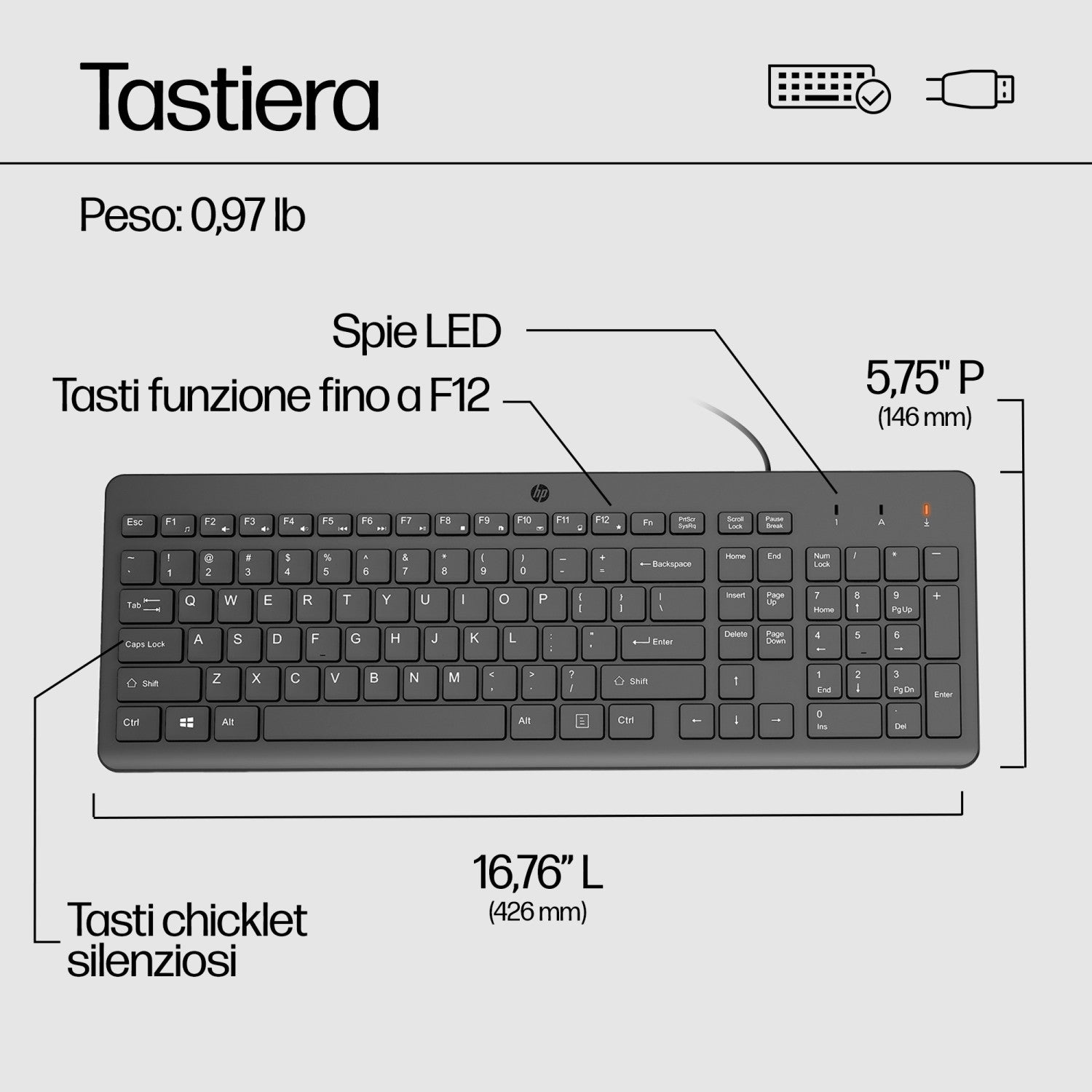 HP 150 Wired Keyboard tastiera USB Nero