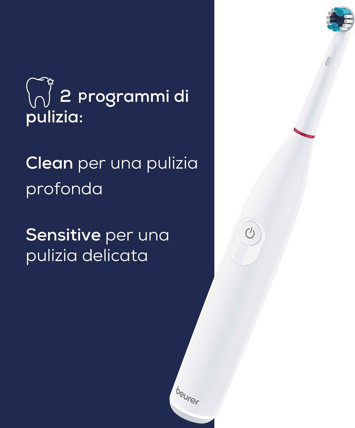 Beurer TB 30 Spazzolino Elettrico con 2 Programmi di Pulizia Personalizzati, Clean e Sensitive, e Timer Integrato da 2 Minuti per una Pulizia Corretta Batteria Ricaricabile con Autonomia di 20 Giorni