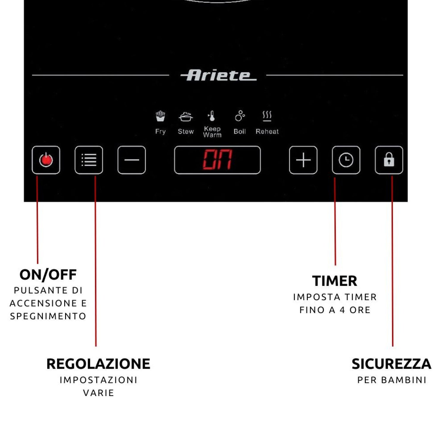 Ariete 1997 Piastra a induzione singola portatile, Vetroceramica, 2000W, 10 livelli di potenza, Timer fino a 4 ore, Sicurezza bambini, 5 programmi, Nero