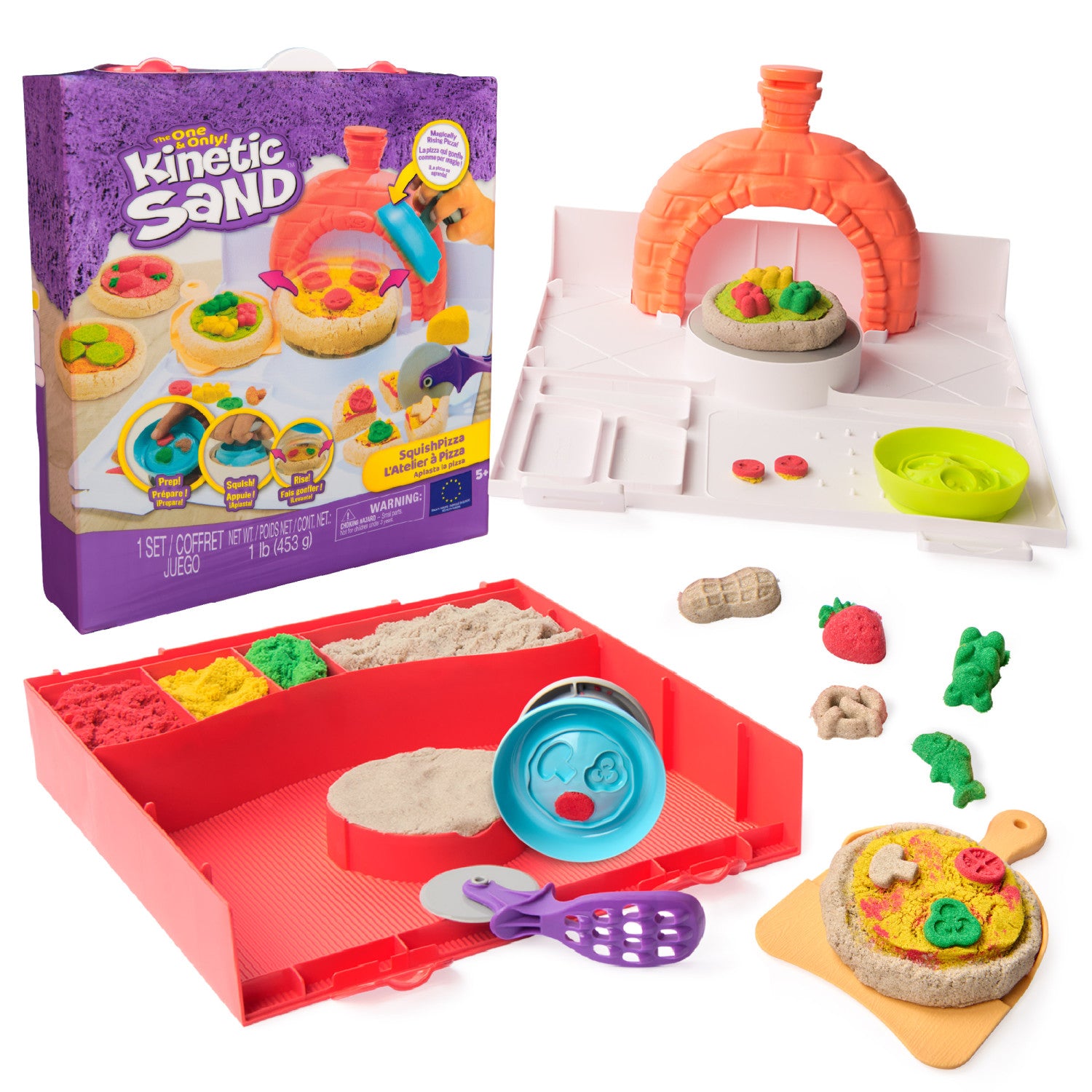 Kinetic Sand , Set di Gioco Squish Pizza, con 452 g di Sabbia e 5 Attrezzi, Giocattoli per Bambini e Bambine, 5 Anni