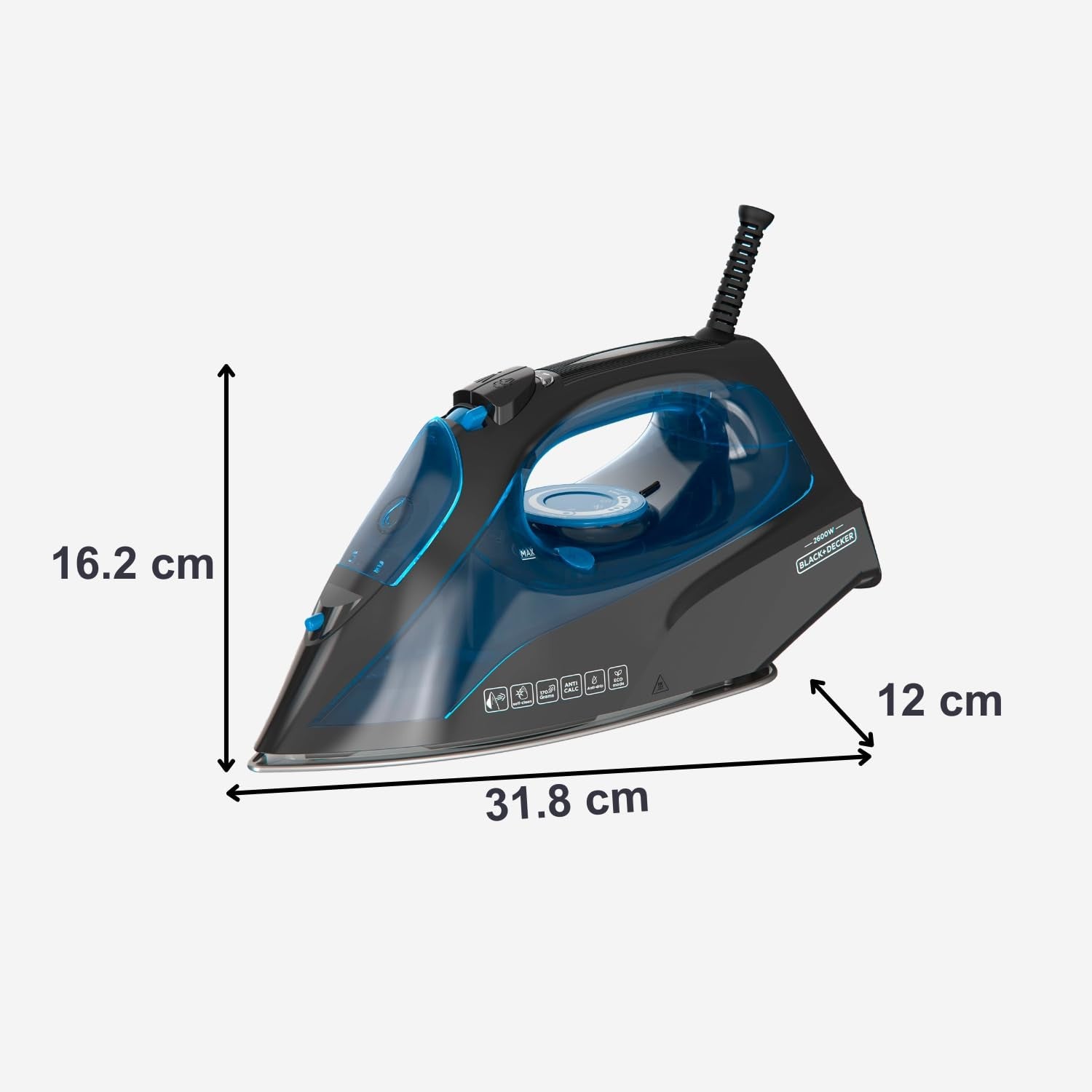 Black Decker BXIR2605E Ferro da Stiro a Vapore 2600W Piastra in Acciaio Inox Anti-Calcare Auto-Pulizia