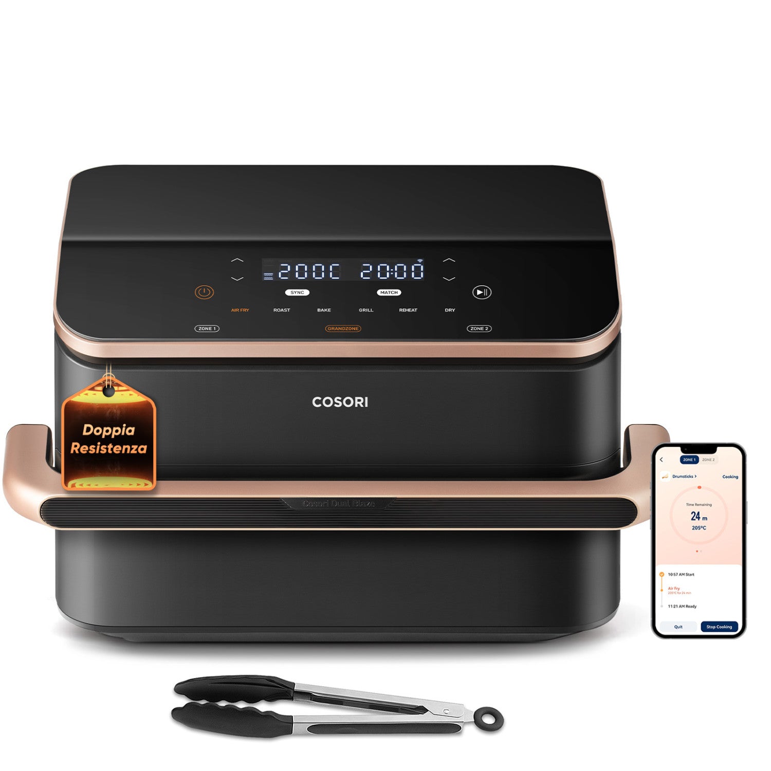Cosori FRIGGITRICE AD ARIA Dual Blaze Twinfry™ Chef Edition, 2800W, 10 Litri, Funzioni 7 in 1, Doppia Resistenza, Doppio Cestello 5L&5L e Separatore Rimovibile, WiFi, 40-240℃, Grigio scuro