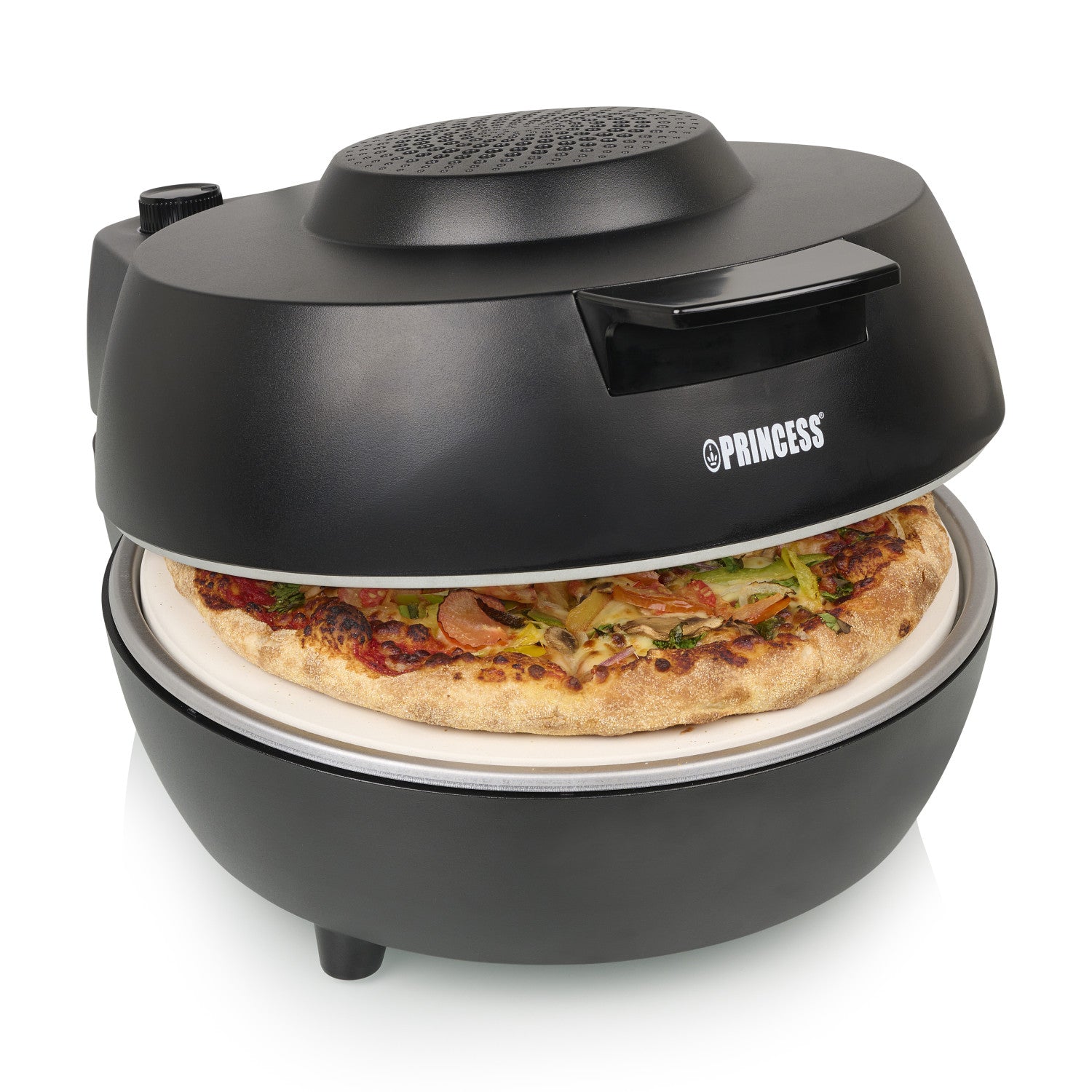 Forno per pizza Princess 115005 Pizzaiolo e forno Termostato e timer regolabili 1200 W Pietra per pizza in ceramica 410 gradi Diametro 30 cm Nero