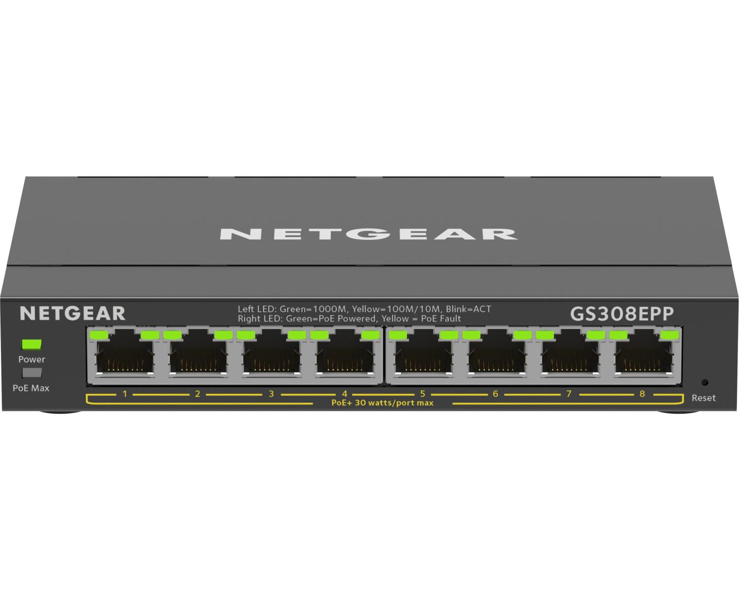 NETGEAR 8-Port Gigabit Ethernet High-Power PoE Plus Switch (GS308EPP) Gestito L2/L3 Gigabit Ethernet (10/100/1000) Supporto Power over Ethernet (PoE) Nero