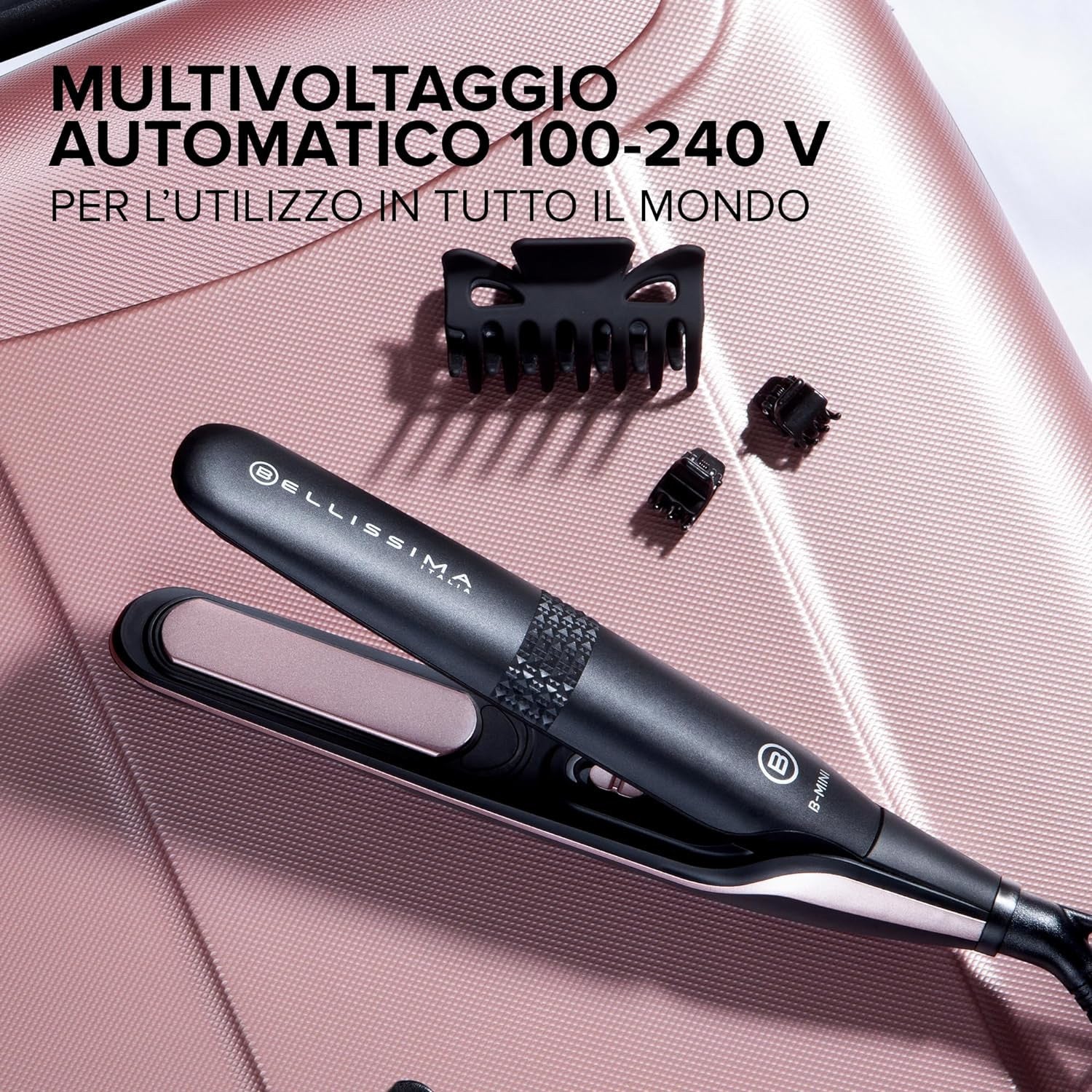 Imetec Bellissima B-Mini Piastra per Capelli Mini da Borsa e da Viaggio Rivestimento in Ceramica Multivoltaggio Automatico Nero Rosa