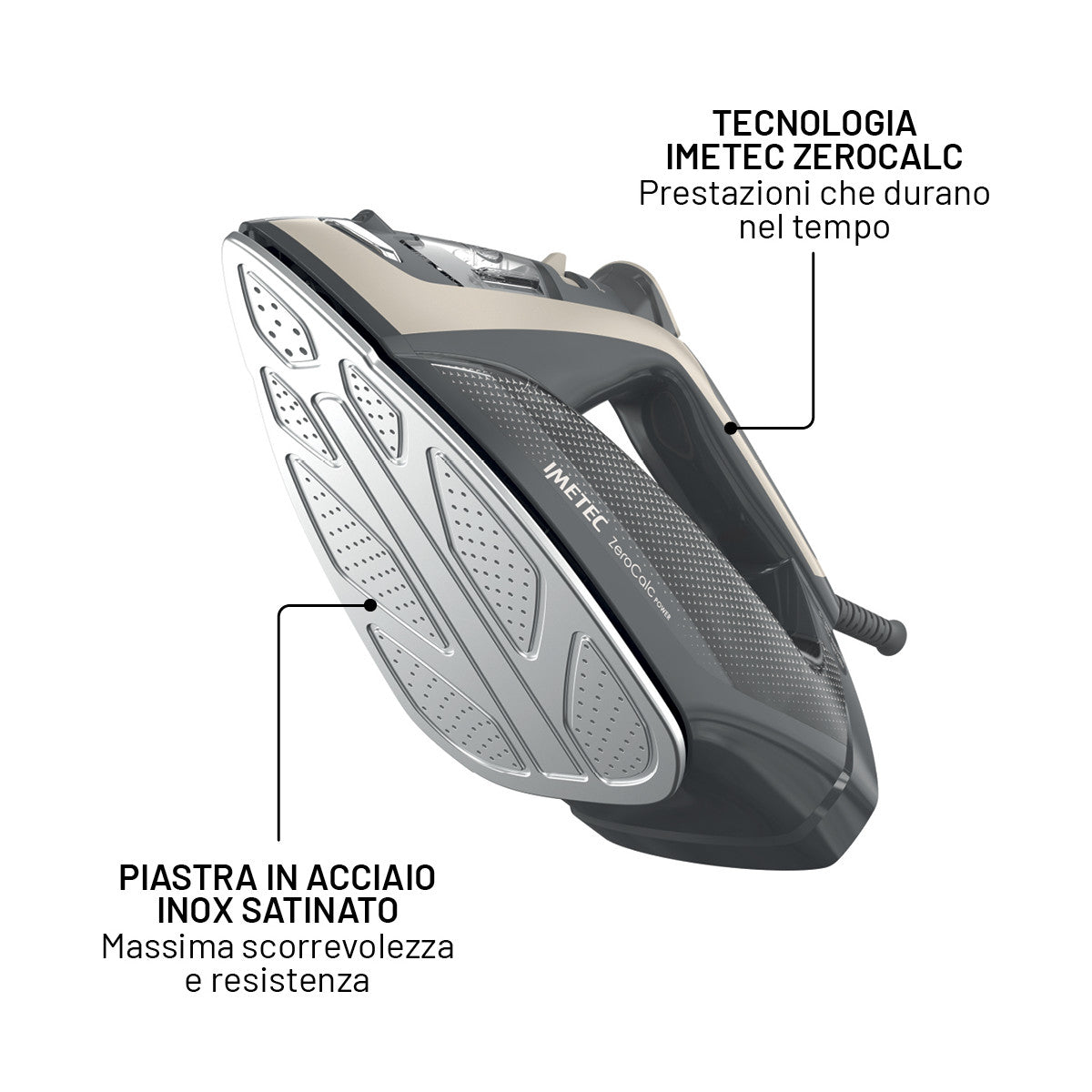 Imetec ZeroCalc Power - Ferro da Stiro da 2600W con Colpo di Vapore 220g,Piastra in Acciaio Satinato, Sistema Anticalcare, Leggero