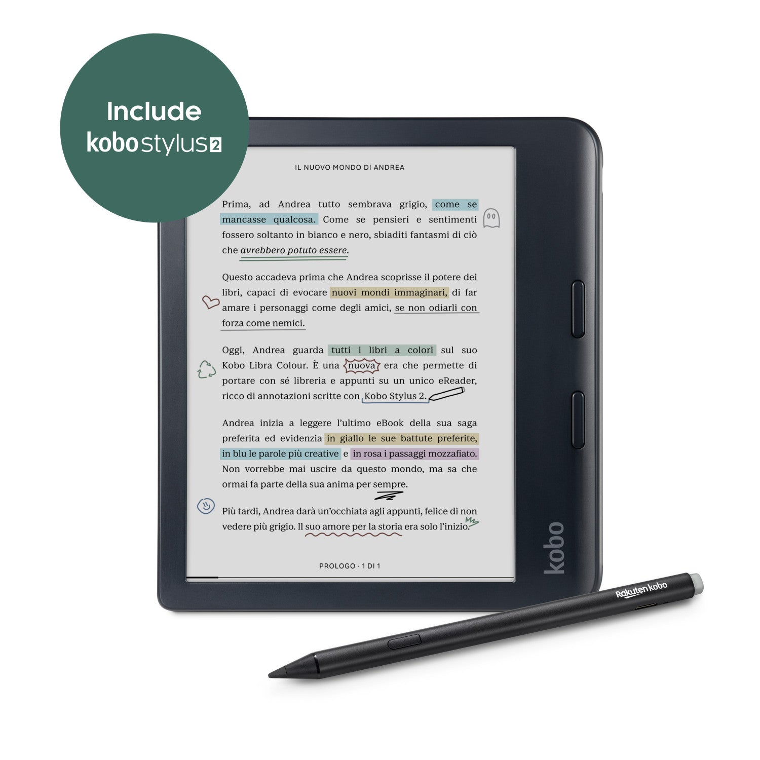 Pacchetto Kobo Libra Colour E-reader Schermo a colori da 7 pollici e Kobo Stylus 2