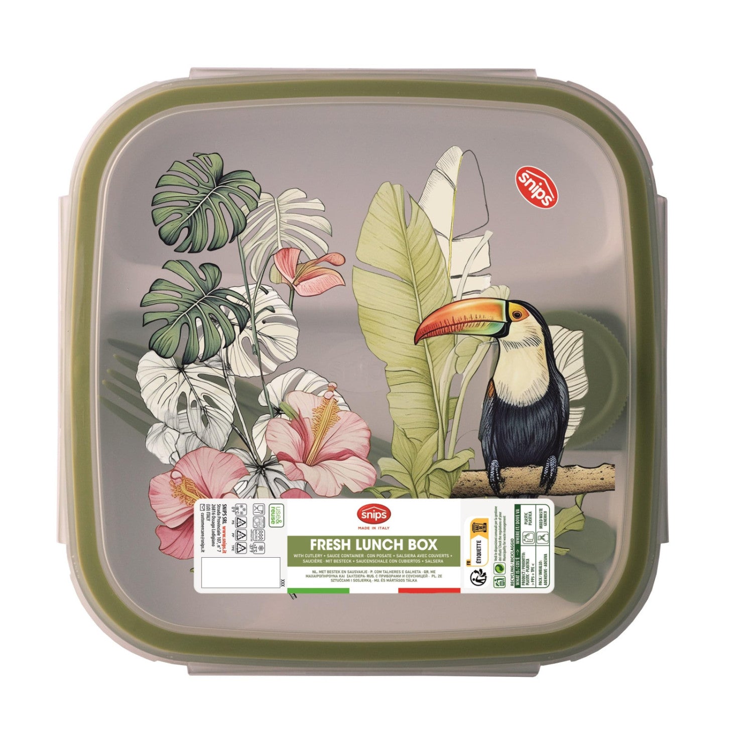 Snips Fresh Lunch Box Quadrato Tucano Con Posate, Vassoio E Salsiera, 4 Chiusure Di Sicurezza, 1,5 Lt, 21x21x8 Cm, Made In Italy