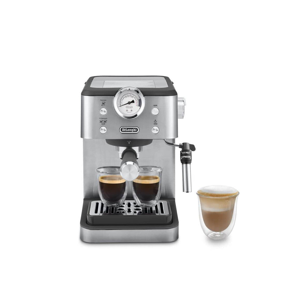 De Longhi CLASSIC EM450.M Macchina da Caffè Manuale Espresso e Cappuccino, Compatibile con Polvere o Cialde E.S.E., Spegnimento Automatico, Serbatoio Estraibile da 1.7L, Potenza 1325W, 15bar, Metal