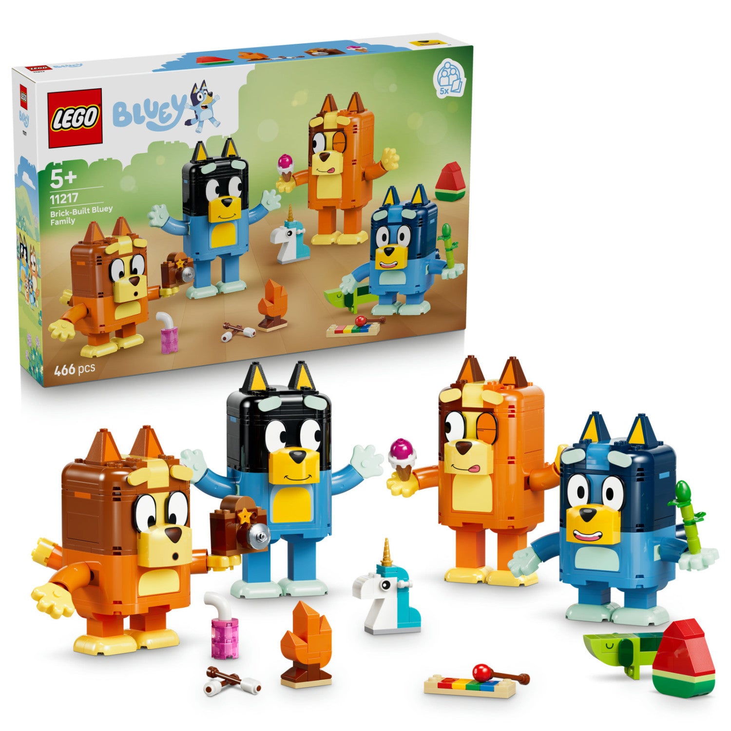 LEGO Bluey 11217 Famiglia Bluey in Mattoncini, 4 Personaggi e Accessori, 466 Pezzi, Età 5
