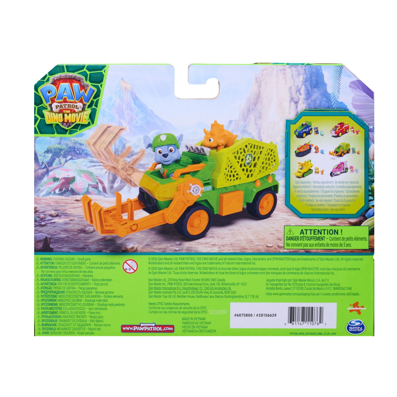 PAW Patrol : The Dino Movie, Rocky Dino Rescue Recycler con compartimento segreto e tenaglia funzionante, 2 action figure e un veicolo, giocattoli per bambine e bambini dai 3 anni in su