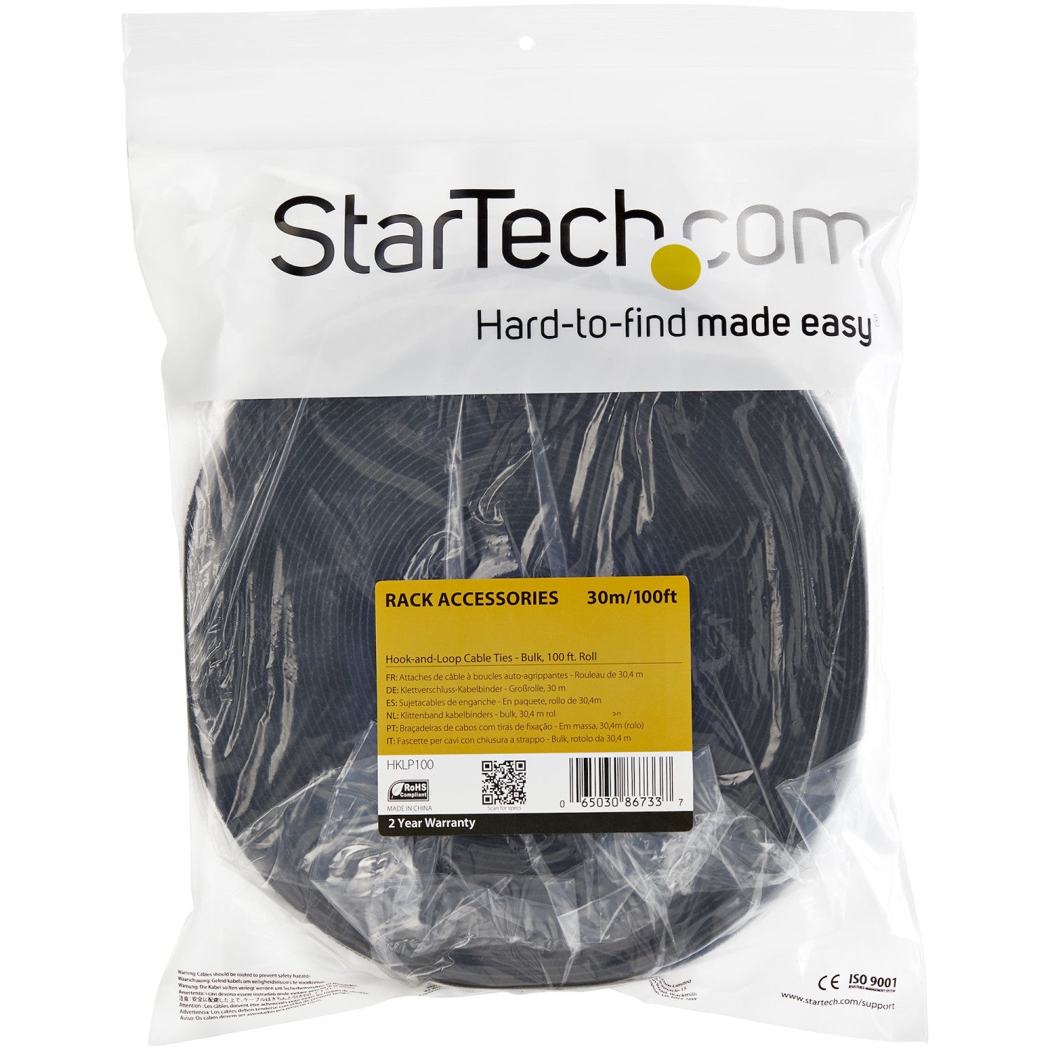 StarTech.com Rotolo di nastro a strappo da 7,6 m - Fascette riutilizzabili da tagliare su misura - Feltro adesivo autobloccante - Fascette serracavo con fissaggio a strappo per cavi industriali - Nero
