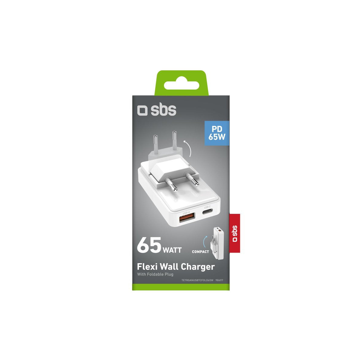 SBS TETRGANUSBTCFOLD65W Caricabatterie per dispositivi mobili Universale Bianco AC Ricarica rapida Interno, Esterno