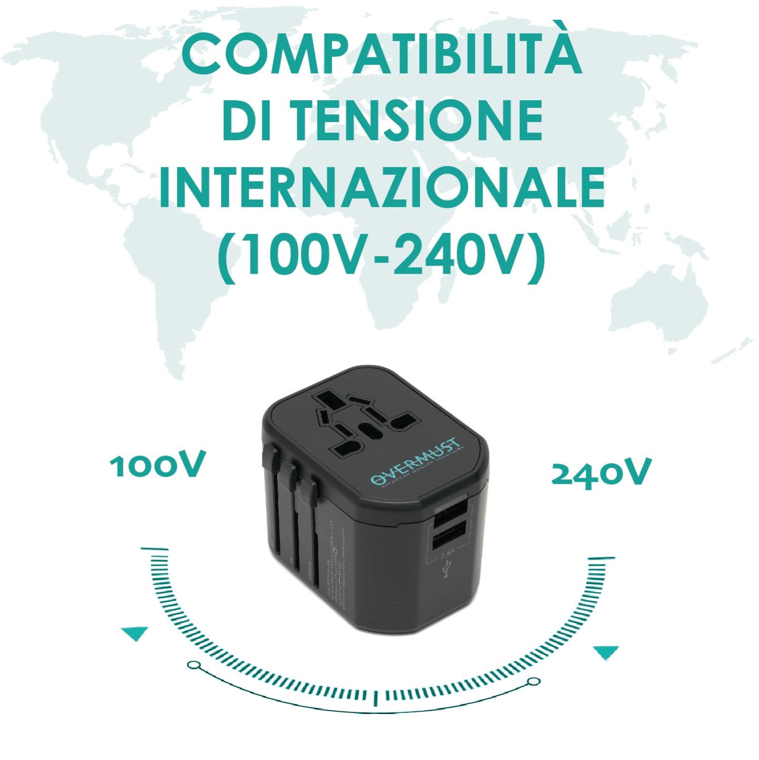 Overmust Adattatore Universale Da Viaggio 2 Porte USB UK/EU/USA/AUS 110-240V Doppio Fusibile 8A