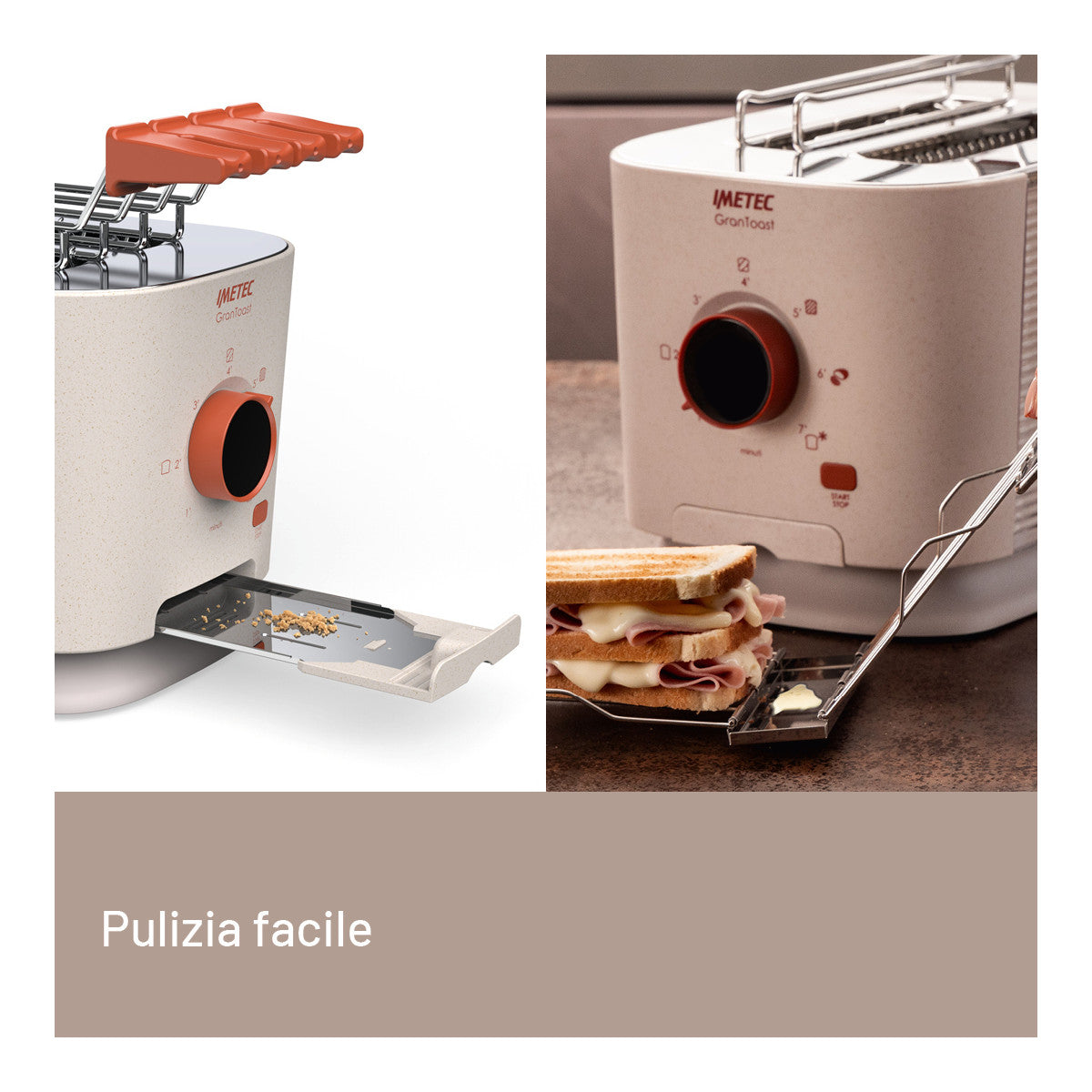 Imetec Grantoast - Tostapane 2 Fette XL con Pinze Apribili per Toast Farciti - 7 Livelli Doratura, Facile Pulizia, Display LED, Griglia Scalda Brioche, Pizzette e Focacce, Timer Digitale, Acciaio Inox.