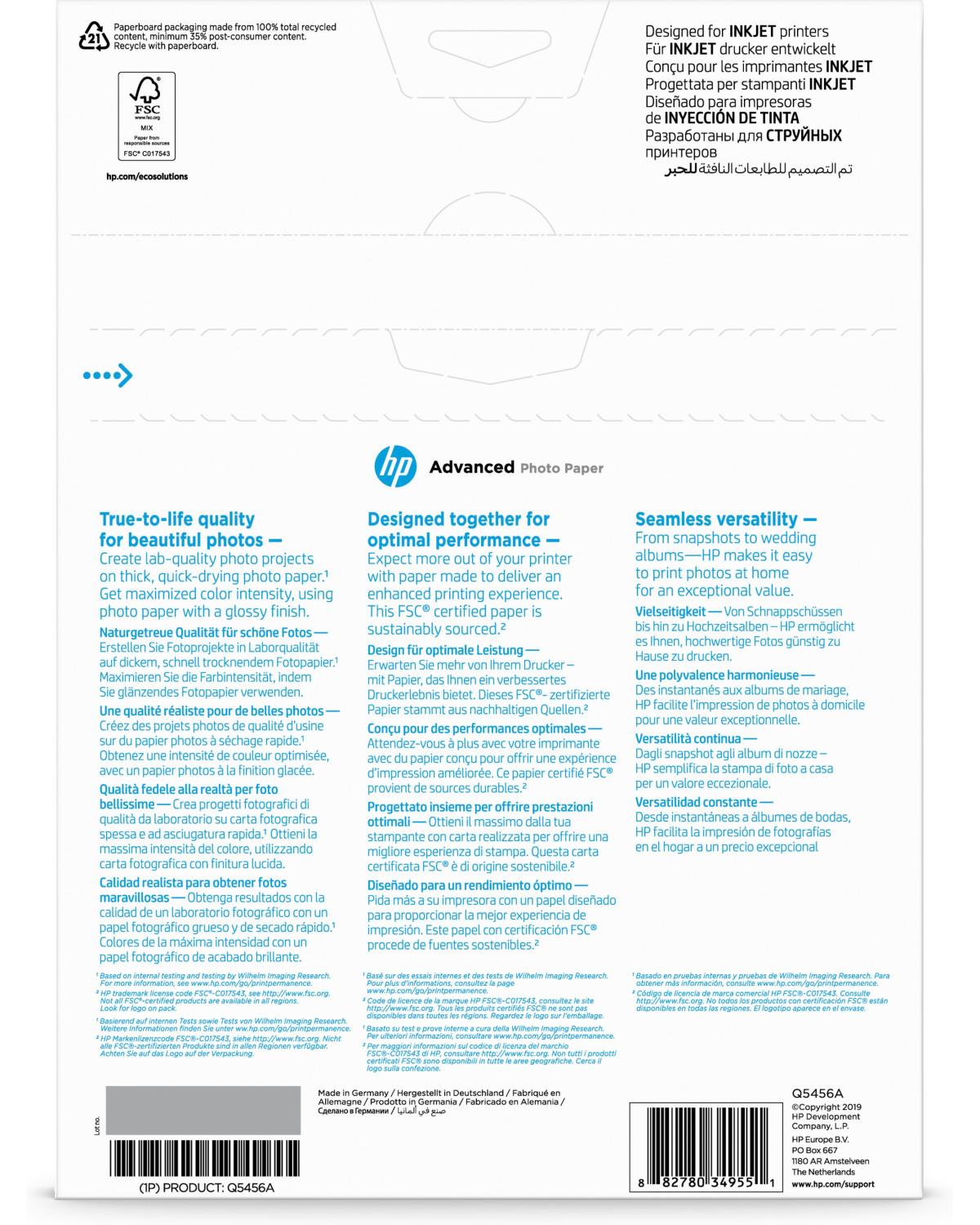 HP Carta Fotografica Advanced Q5456A A4 250 G Lucida Conf. 25