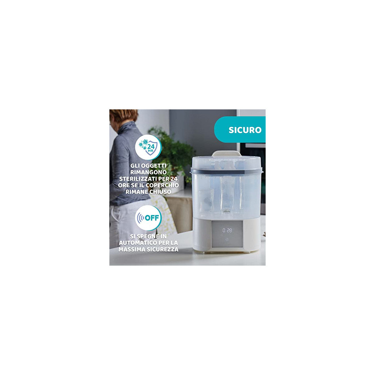 Chicco Sterilizzatore Con Asciugatura Per Biberon, Tiralatte E Ciucci, Fino A 6 Biberon Da 330 Ml, 2 Configurazioni, Vapore Naturale, Bianco