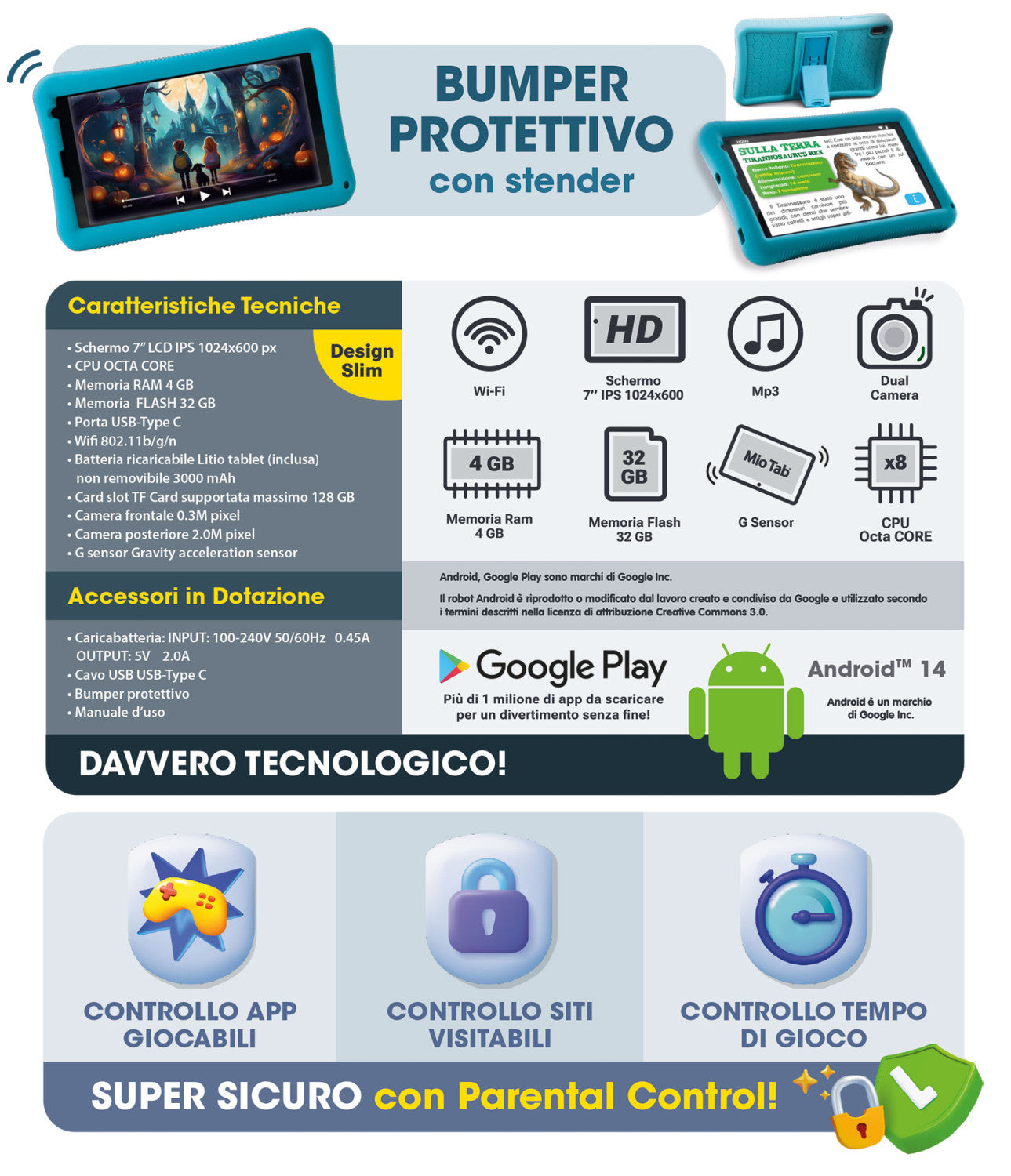 Lisciani 114214 tablet 32 GB 17,8 cm (7") 4 GB Wi-Fi 4 (802.11n) Android 14 Nero