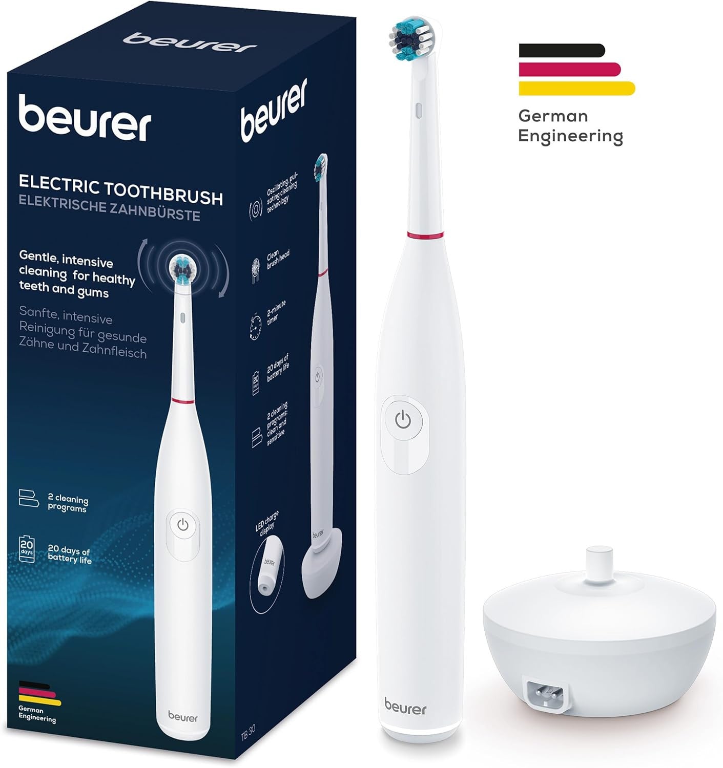 Beurer TB 30 Spazzolino Elettrico con 2 Programmi di Pulizia Personalizzati, Clean e Sensitive, e Timer Integrato da 2 Minuti per una Pulizia Corretta Batteria Ricaricabile con Autonomia di 20 Giorni