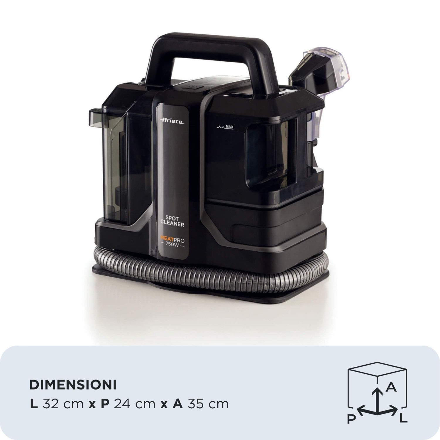 Ariete 2482 Spot Cleaner Heat Pro 750W, Pulitore per tappeti e tappezzerie,Lavatappeti, 750W, 2 serbatoi, Nero
