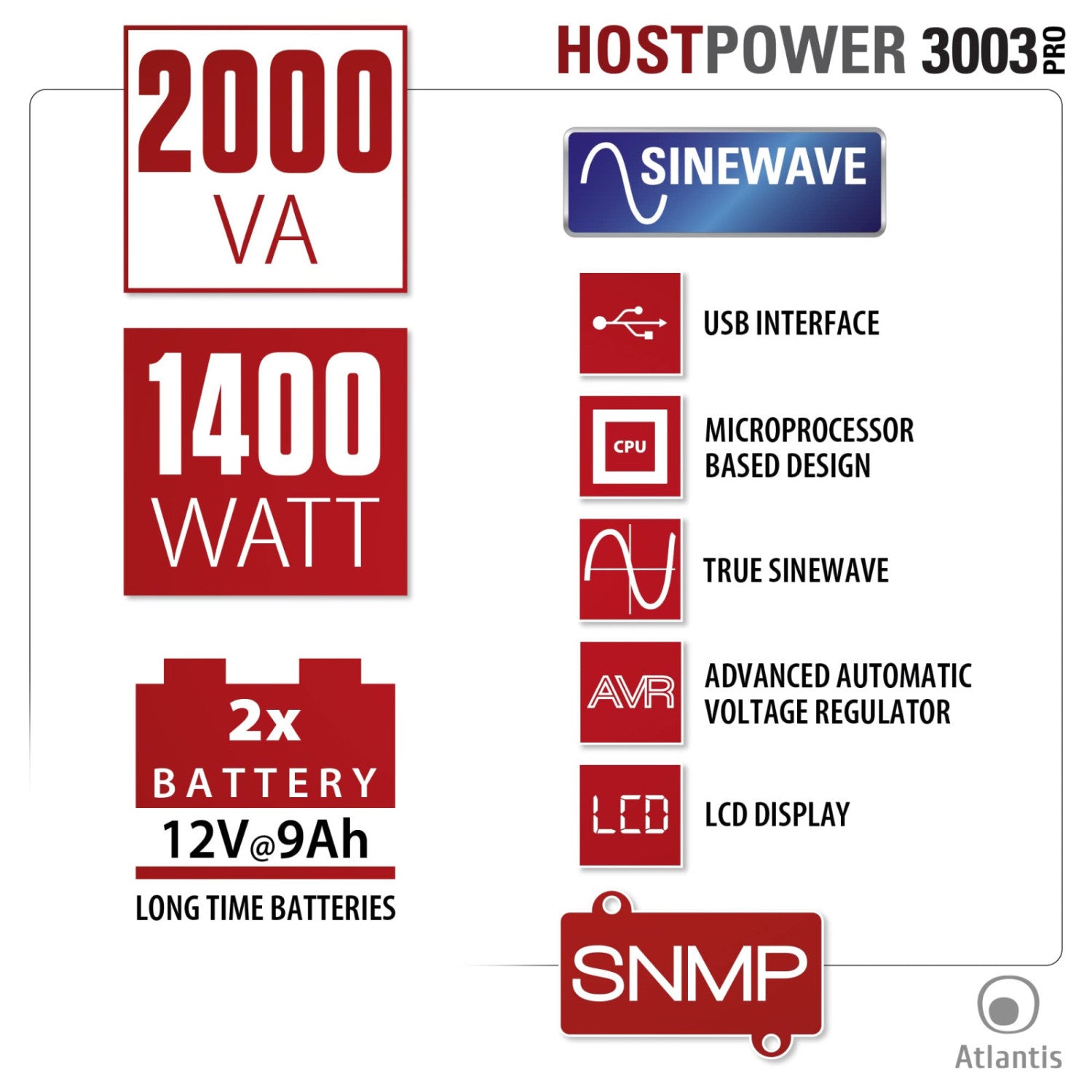 Atlantis Land A03-HP3003P gruppo di continuità (UPS) A linea interattiva 2 kVA 1400 W 6 presa(e) AC