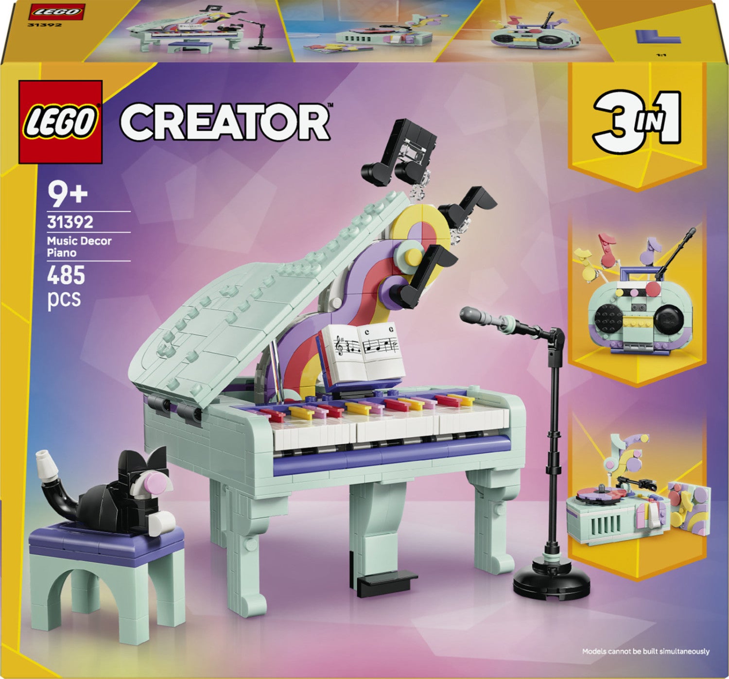 LEGO Creator 31392 3in1: Pianoforte Decorativo con Gatto, Giocattolo Retrò Trasformabile in Radio o Giradischi, Regalo da 9