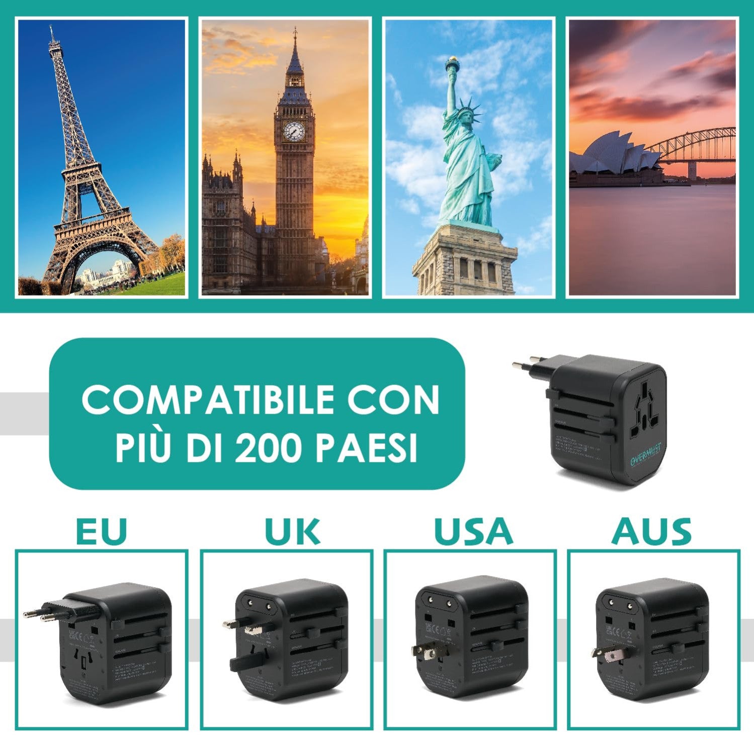 Overmust Adattatore Universale Da Viaggio 2 Porte USB UK/EU/USA/AUS 110-240V Doppio Fusibile 8A