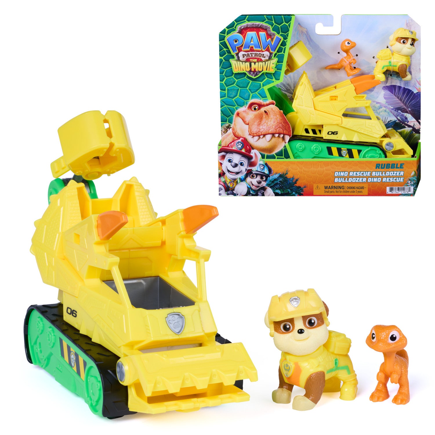 PAW Patrol : The Dino Movie, Rubble Dino Rescue Bulldozer con azione triturante e tenaglia articolata, 2 action figure e un veicolo, giocattoli per bambine e bambini dai 3 anni in su