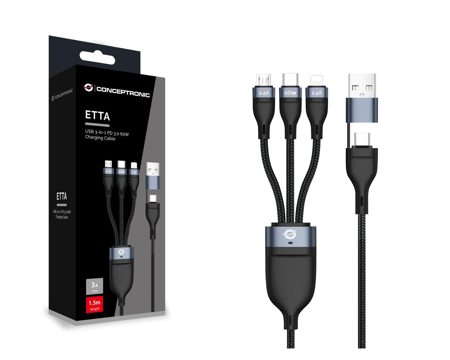 Conceptronic ETTA05B15 cavo USB USB 2.0 1,5 m USB C USB C/Micro-USB B/Lightning Nero