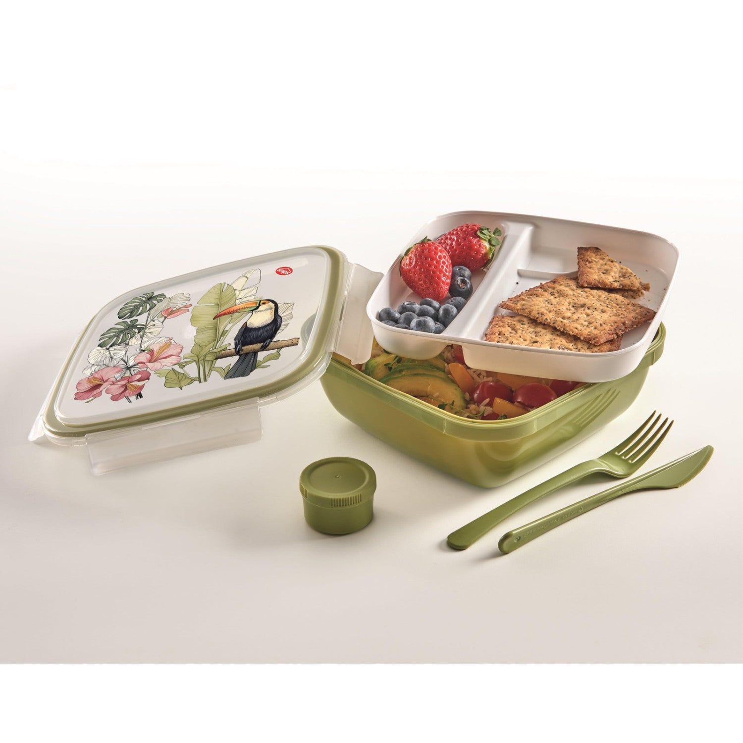 Snips Fresh Lunch Box Quadrato Tucano Con Posate, Vassoio E Salsiera, 4 Chiusure Di Sicurezza, 1,5 Lt, 21x21x8 Cm, Made In Italy