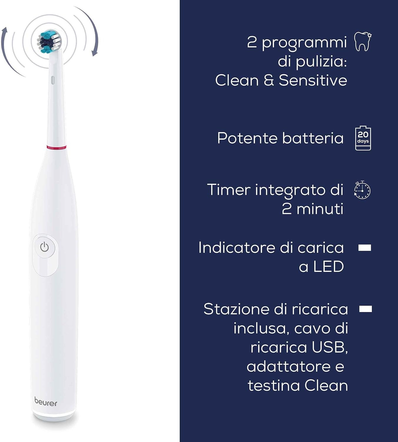Beurer TB 30 Spazzolino Elettrico con 2 Programmi di Pulizia Personalizzati, Clean e Sensitive, e Timer Integrato da 2 Minuti per una Pulizia Corretta Batteria Ricaricabile con Autonomia di 20 Giorni