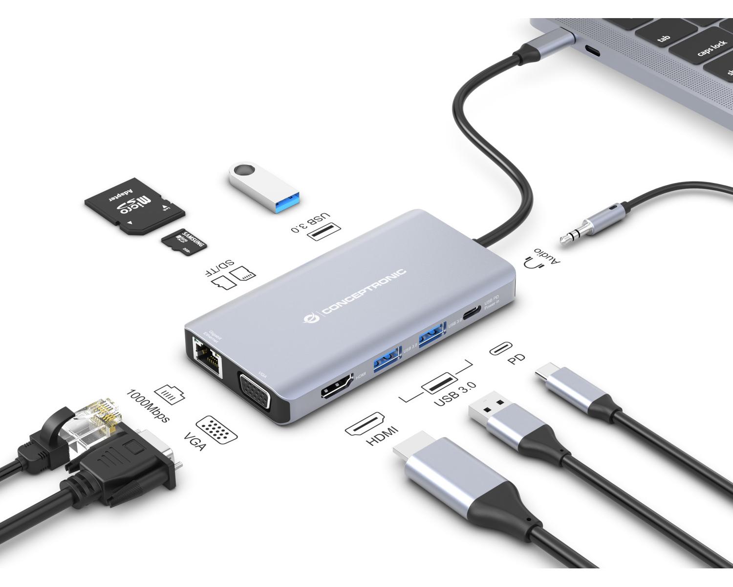 Conceptronic DONN20G Cablato USB 3.2 Gen 1 (3.1 Gen 1) Type-C Grigio