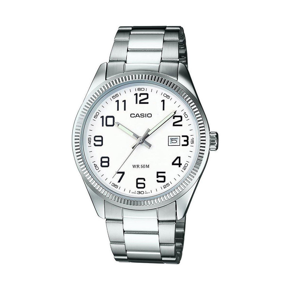 Casio Orologio Uomo Analogico Al Quarzo MTP-1302PD-7BVEF Cassa 38.5mm Cinturino Acciaio Inox Quadrante Bianco Datario Impermeabile 5ATM