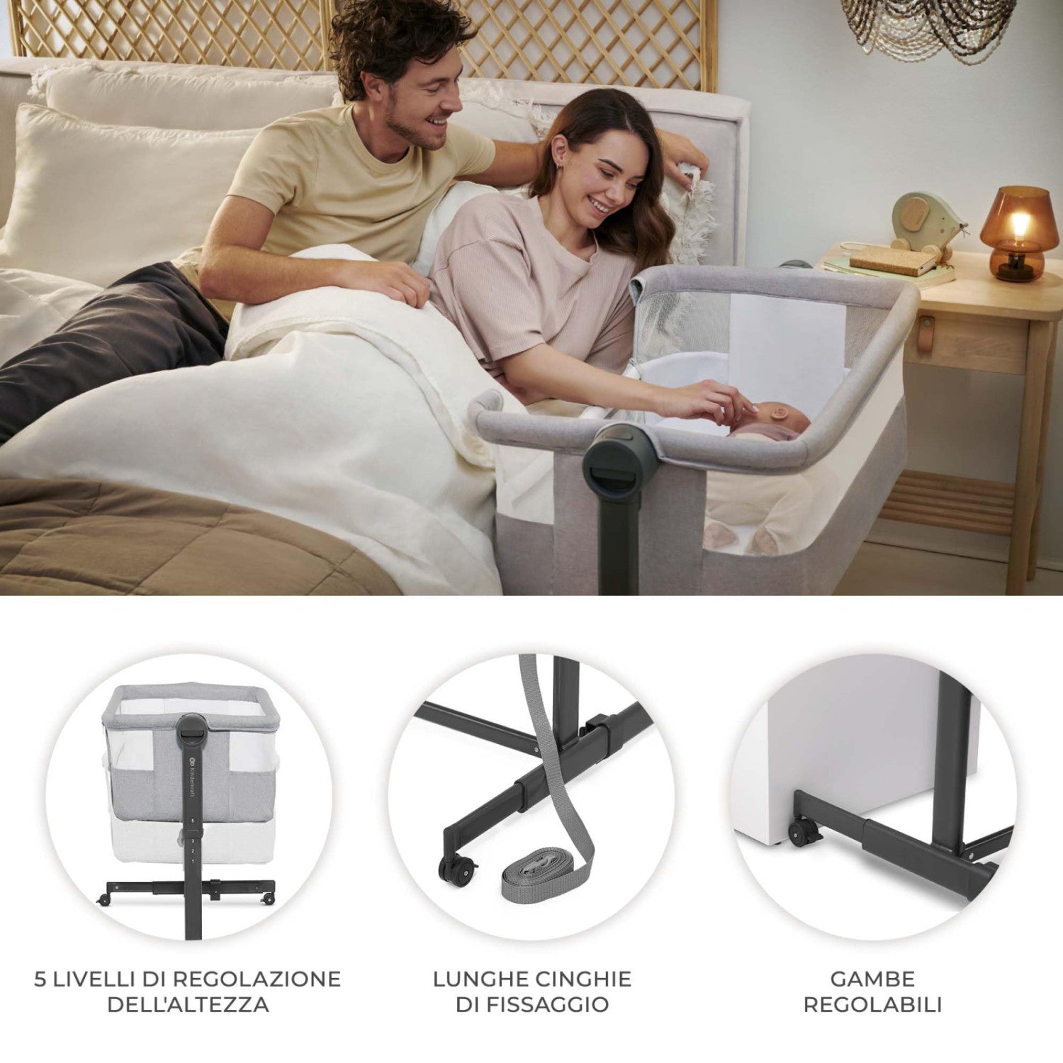 Kinderkraft Nestee Up 2 Culla Co-Sleeping 2 in 1, 5 Livelli di Altezza, 4 Ruote, con Materasso, Grigio Chiaro