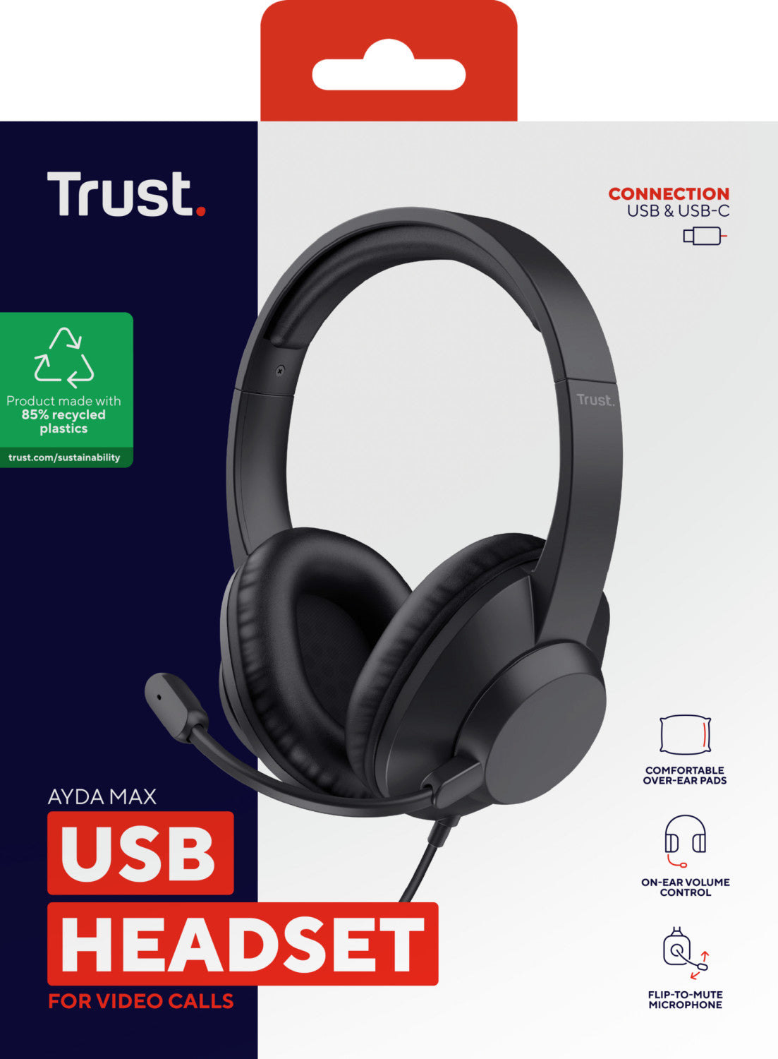 Trust Ayda Max USB Auricolare Cablato A Padiglione Ufficio USB Type-C / USB Type-A Nero