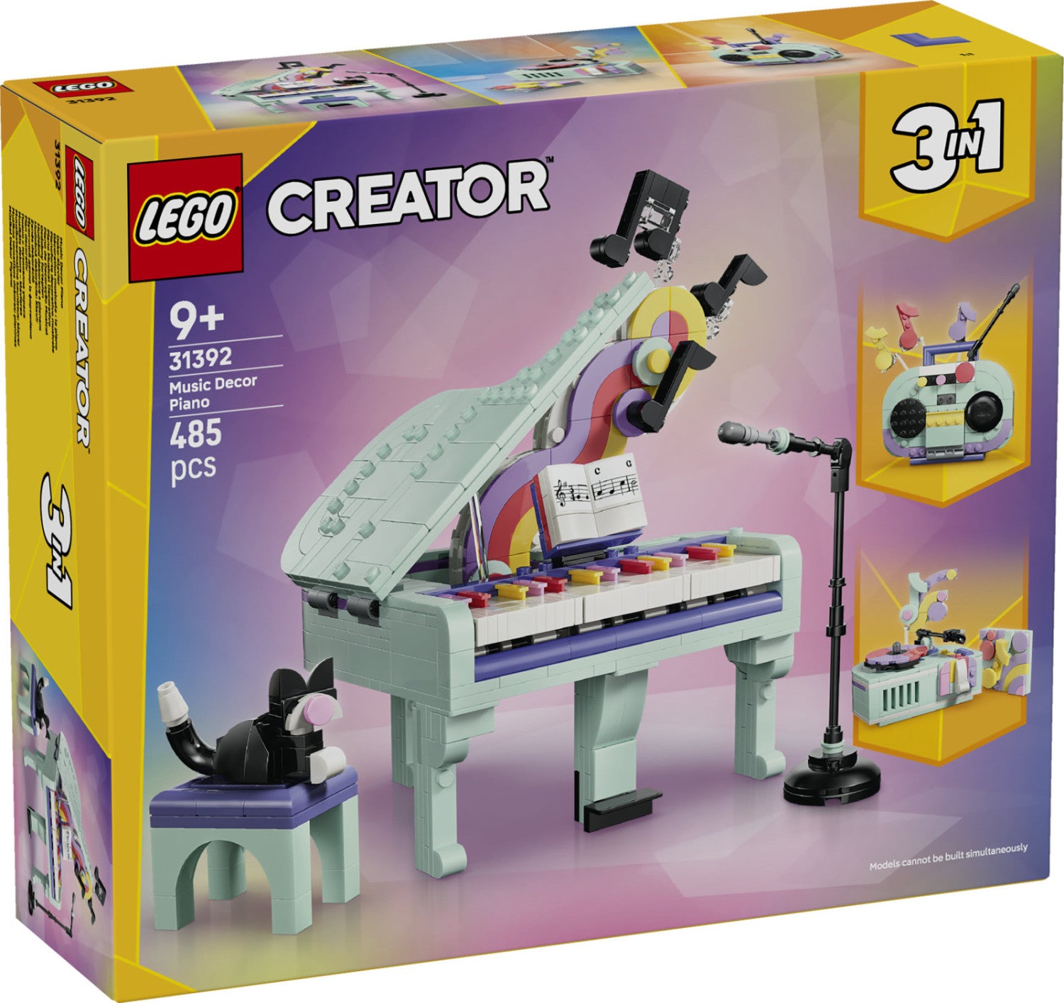 LEGO Creator 31392 3in1: Pianoforte Decorativo con Gatto, Giocattolo Retrò Trasformabile in Radio o Giradischi, Regalo da 9