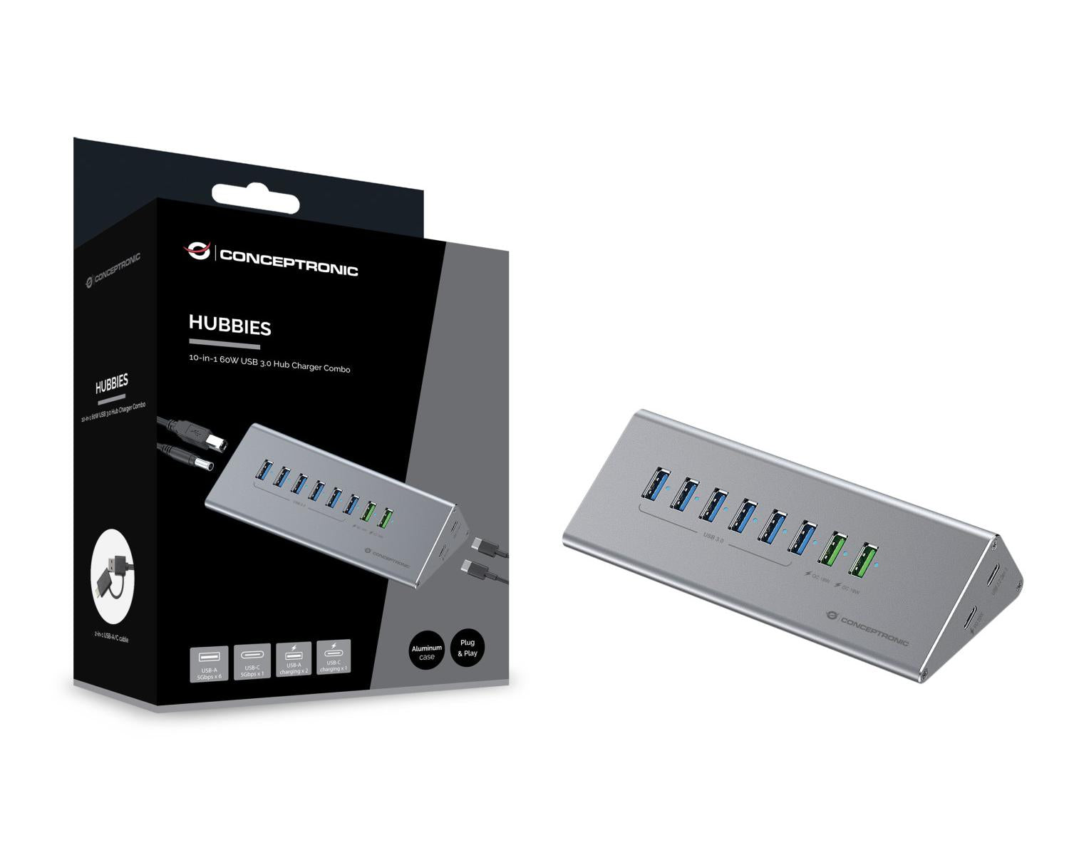 Conceptronic HUBBIES18G hub di interfaccia USB 3.2 Gen 1 (3.1 Gen 1) Type-B 5000 Mbit/s Grigio