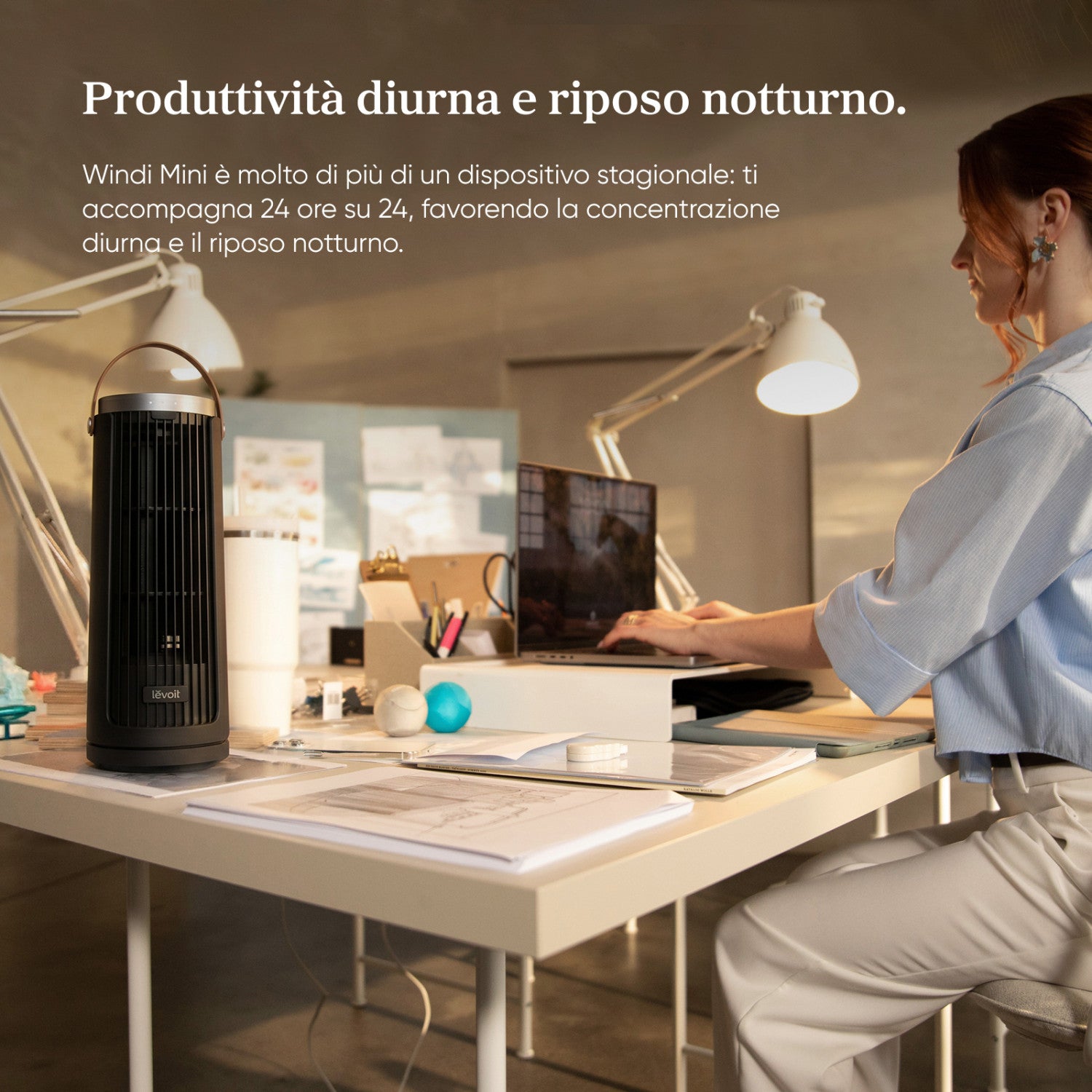 Levoit Windi Mini Ventilatore a torre, 7,0 m/s, 5 velocità, timer da 1 a 12 ore, oscillazione di 90°, portatile, ideale per l’uso sulla scrivania
