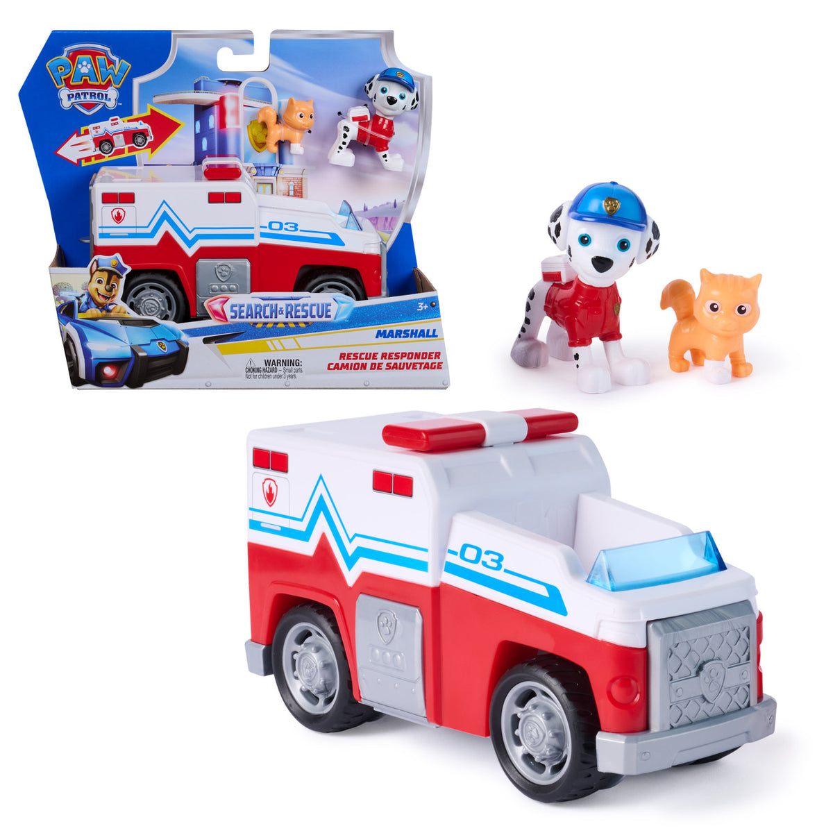 PAW Patrol : Search Rescue, Camion di Salvataggio di Marshall con 2 Personaggi, Camion Giocattolo a Retrocarica, Giocattoli per Bambini e Bambine, 3 Anni