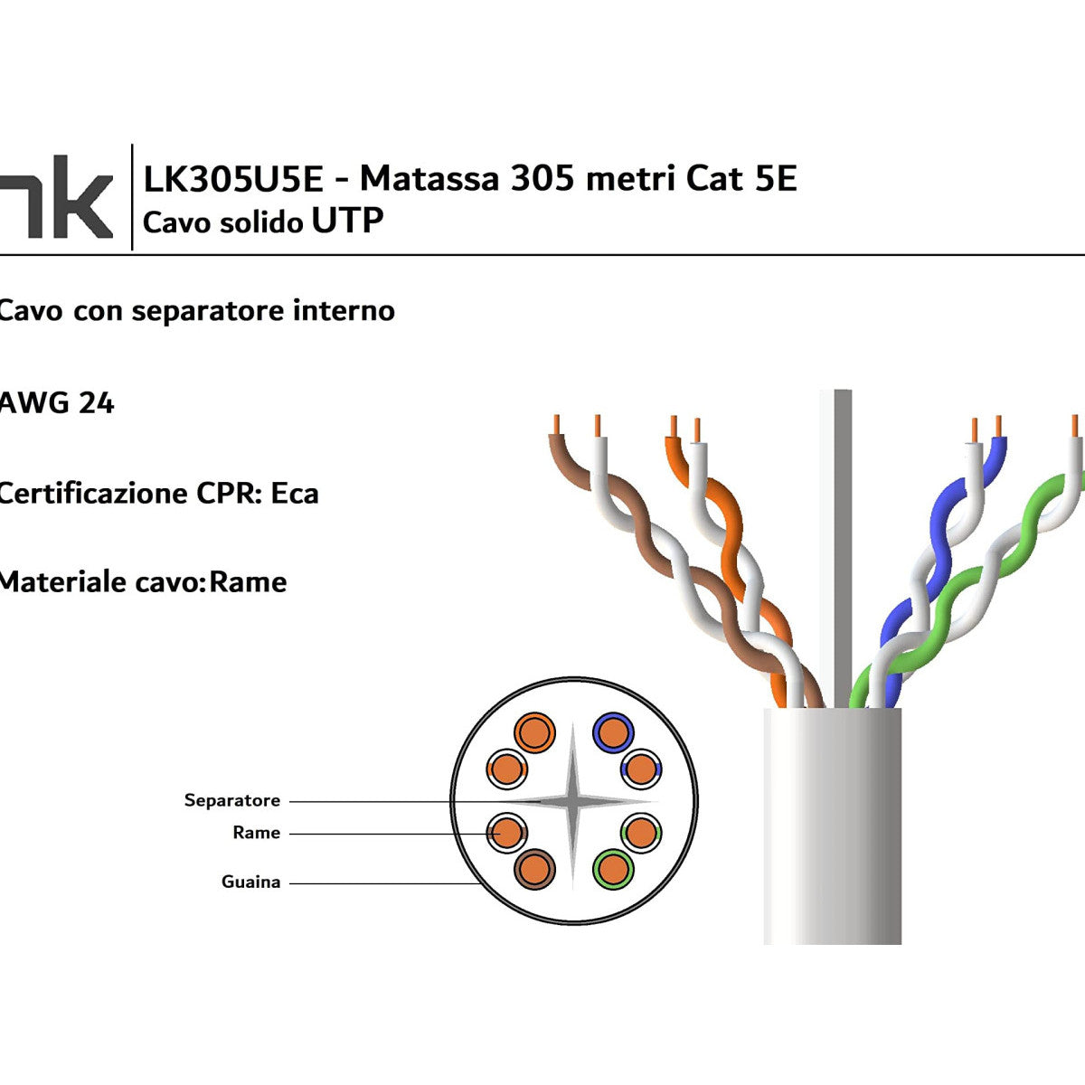 Link LK305U5E Cavo Di Rete UTP Solido Cat 5E 305 M Grigio Guaina LSZH CPR Classe Eca