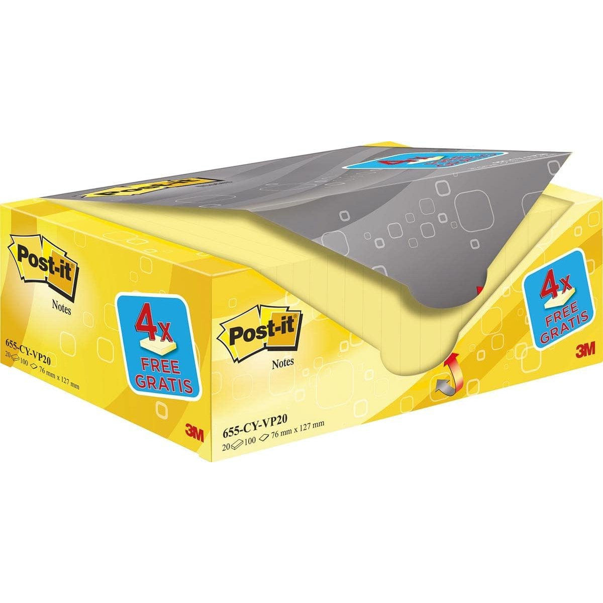Post-It Foglietti Adesivi 655CY-VP20 Value Pack 16 4 Blocchetti Giallo Canary 76x127 mm 100 Fogli