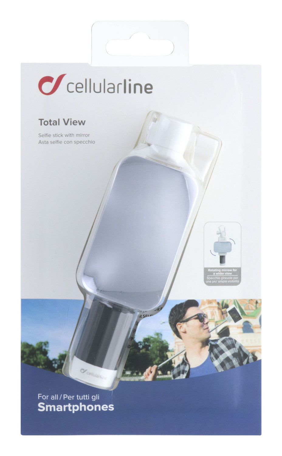 Cellularline Total View - Universale Asta per selfie con specchio girevole