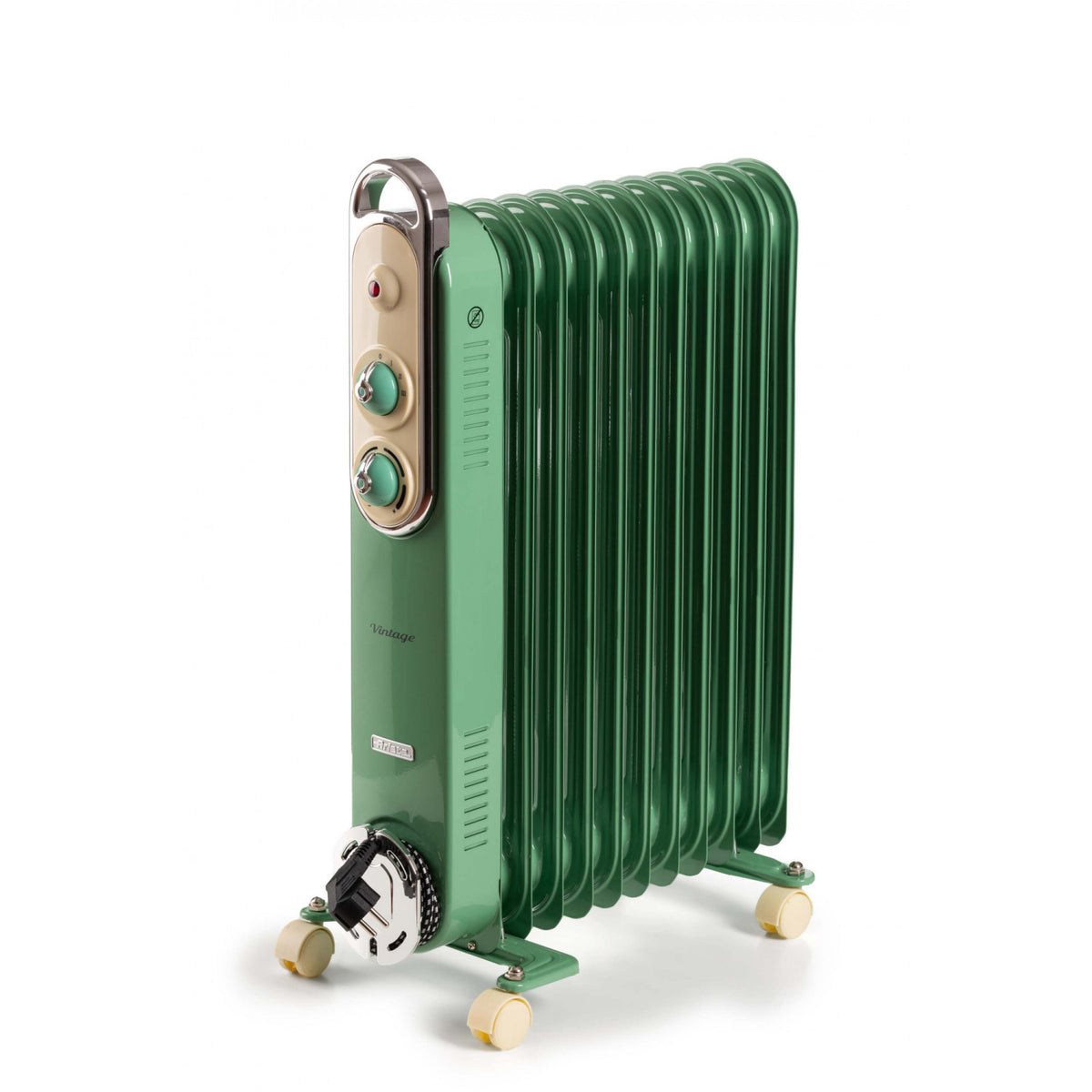 Ariete Linea Vintage 8252 Radiatore a olio Vintage, 11 elementi riscaldanti, 2500W, 3 livelli di potenza, Maniglia e ruote per facile trasporto, Verde