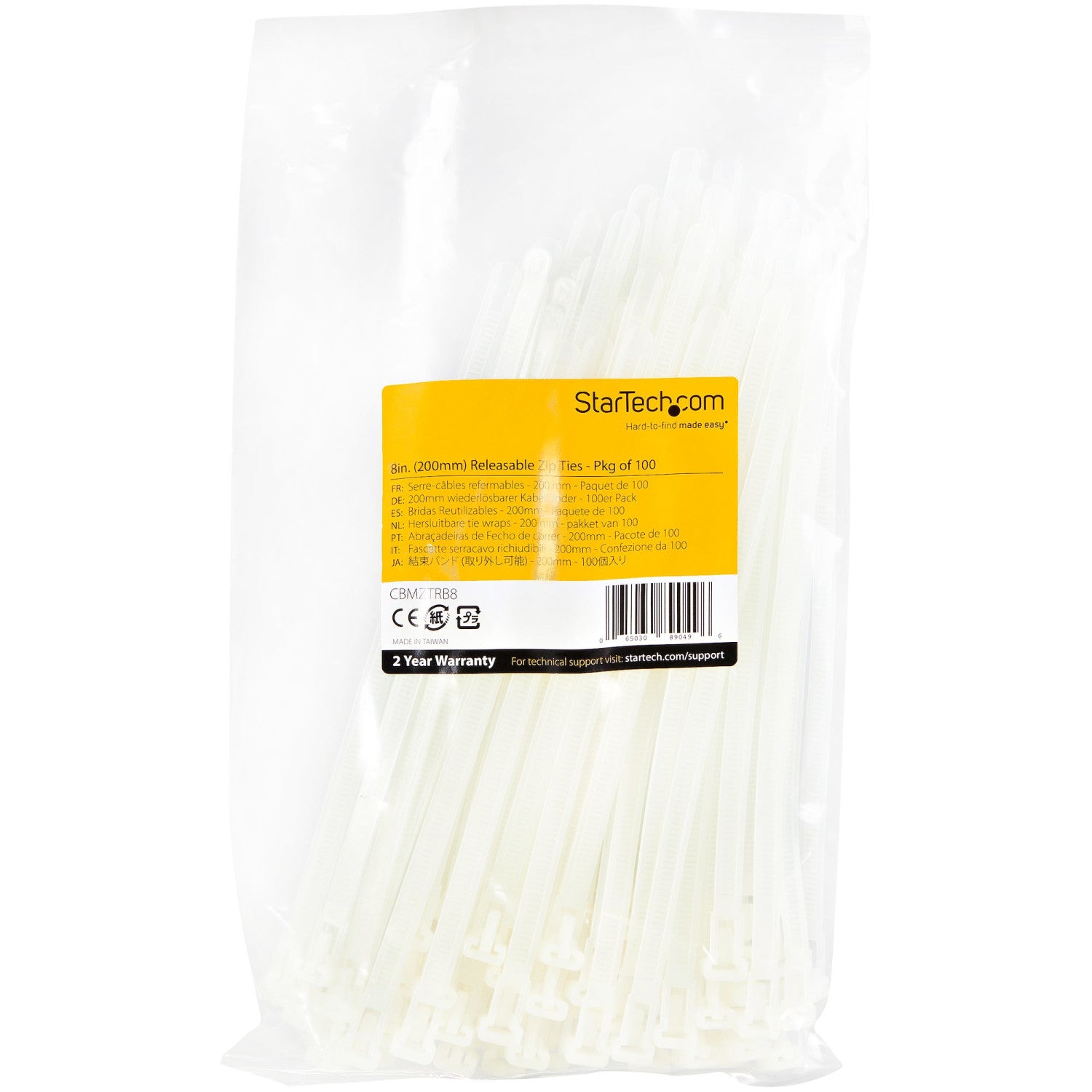 StarTech.com Fascette fermacavo riutilizzabili da 20 cm - 7 mm di larghezza, 50 mm di diametro del fascio e resistenza alla trazione 22 kg, fascette di nylon per interni/esterni, Omologati 94V-2/UL, 100 pezzi - bianco
