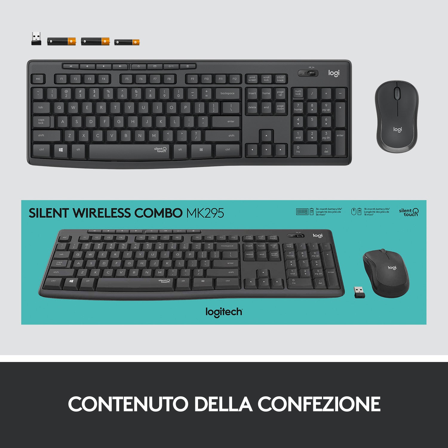 Logitech MK295 Kit Mouse e Tastiera Wireless Tecnologia SilentTouch, Tastierino Numerico, Tasti Scelta Rapida, Tracciamento Ottico Avanzato, Ricevitore USB Nano, Senza Lag, Meno 90 di Rumore