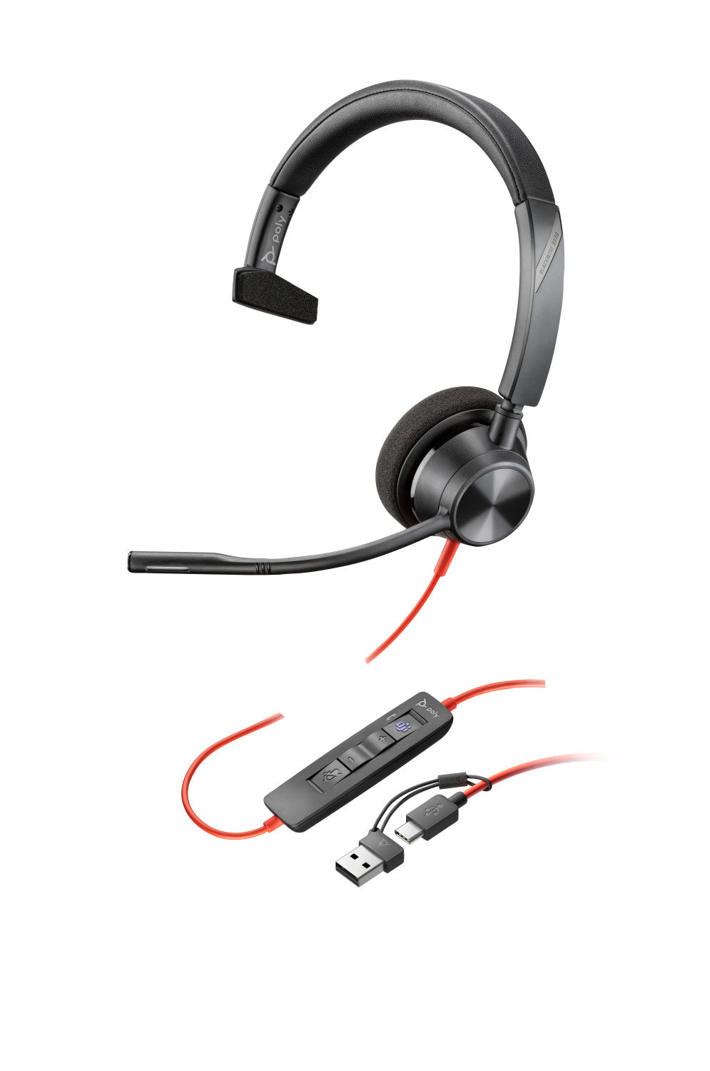 HP Poly Cuffie monoaurali Poly Blackwire 3310 con connettore USB-C, certificate per Microsoft Teams adattatore USB-C/A