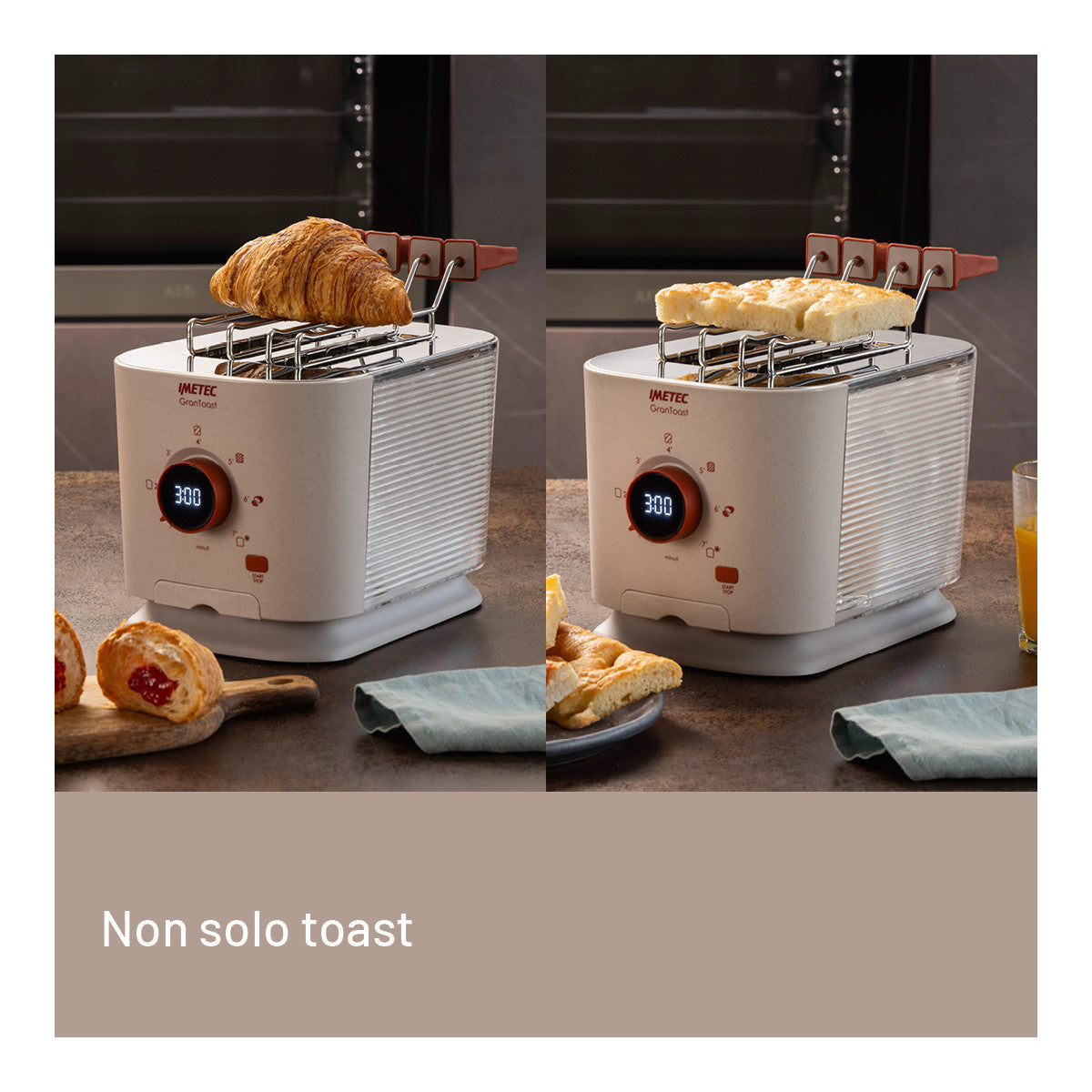 Imetec Grantoast - Tostapane 2 Fette XL con Pinze Apribili per Toast Farciti - 7 Livelli Doratura, Facile Pulizia, Display LED, Griglia Scalda Brioche, Pizzette e Focacce, Timer Digitale, Acciaio Inox.