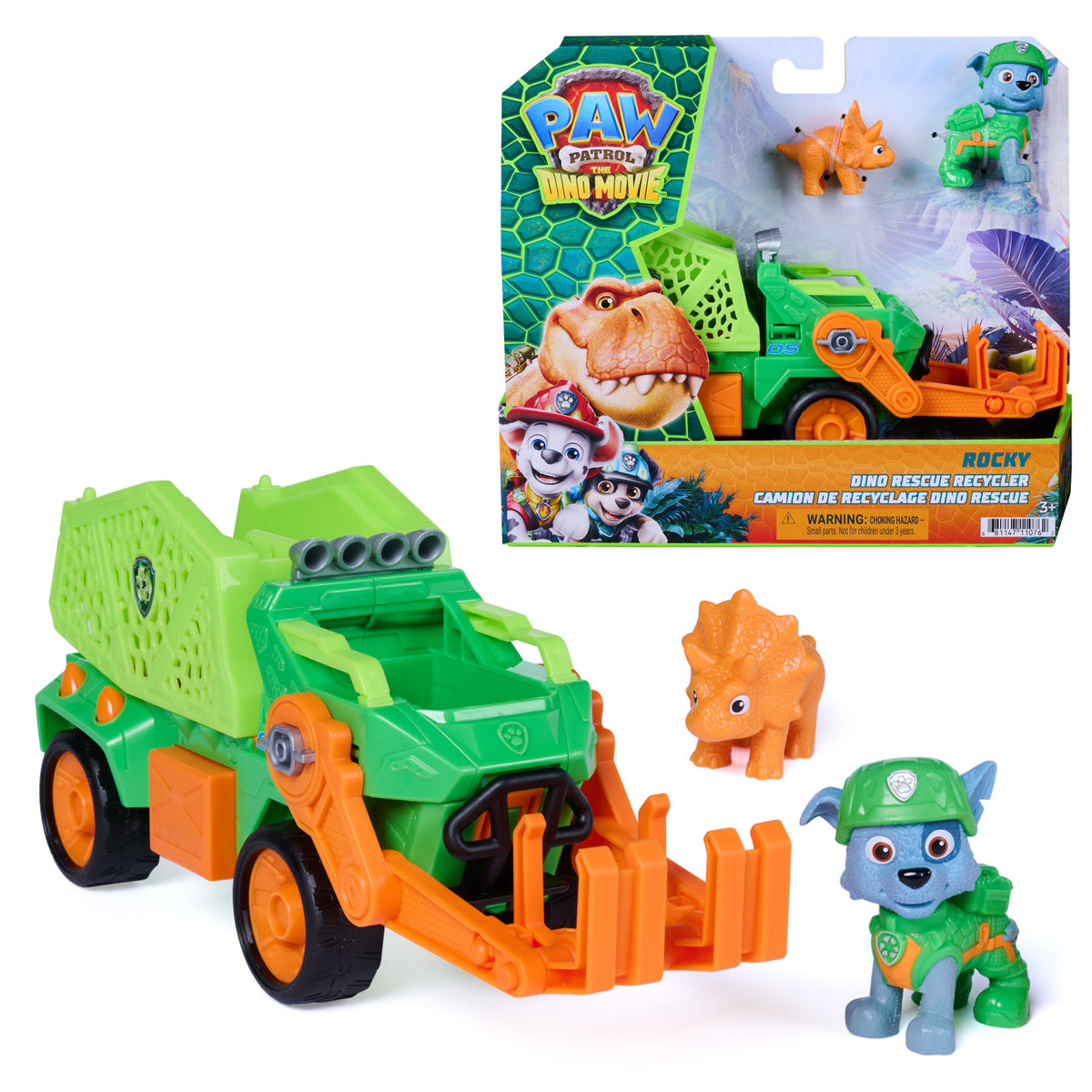 PAW Patrol : The Dino Movie, Rocky Dino Rescue Recycler con compartimento segreto e tenaglia funzionante, 2 action figure e un veicolo, giocattoli per bambine e bambini dai 3 anni in su