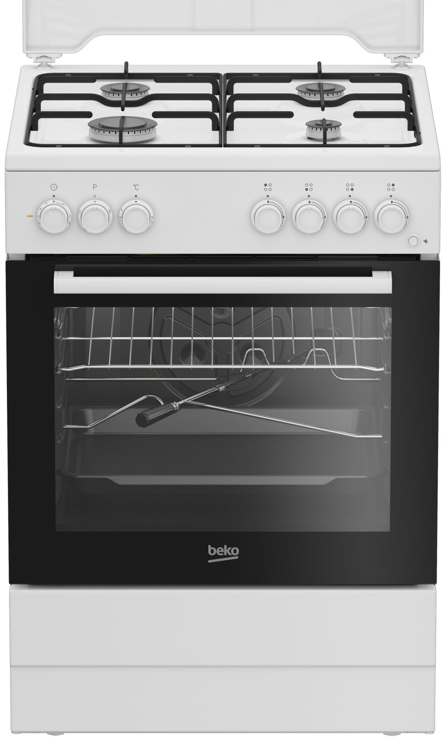 Beko Cucina a gas con Forno Elettrico Statico con Grill Elettrico e Timer,coperchio in metallo, ventilazione tangenziale, Classe A, Bianco